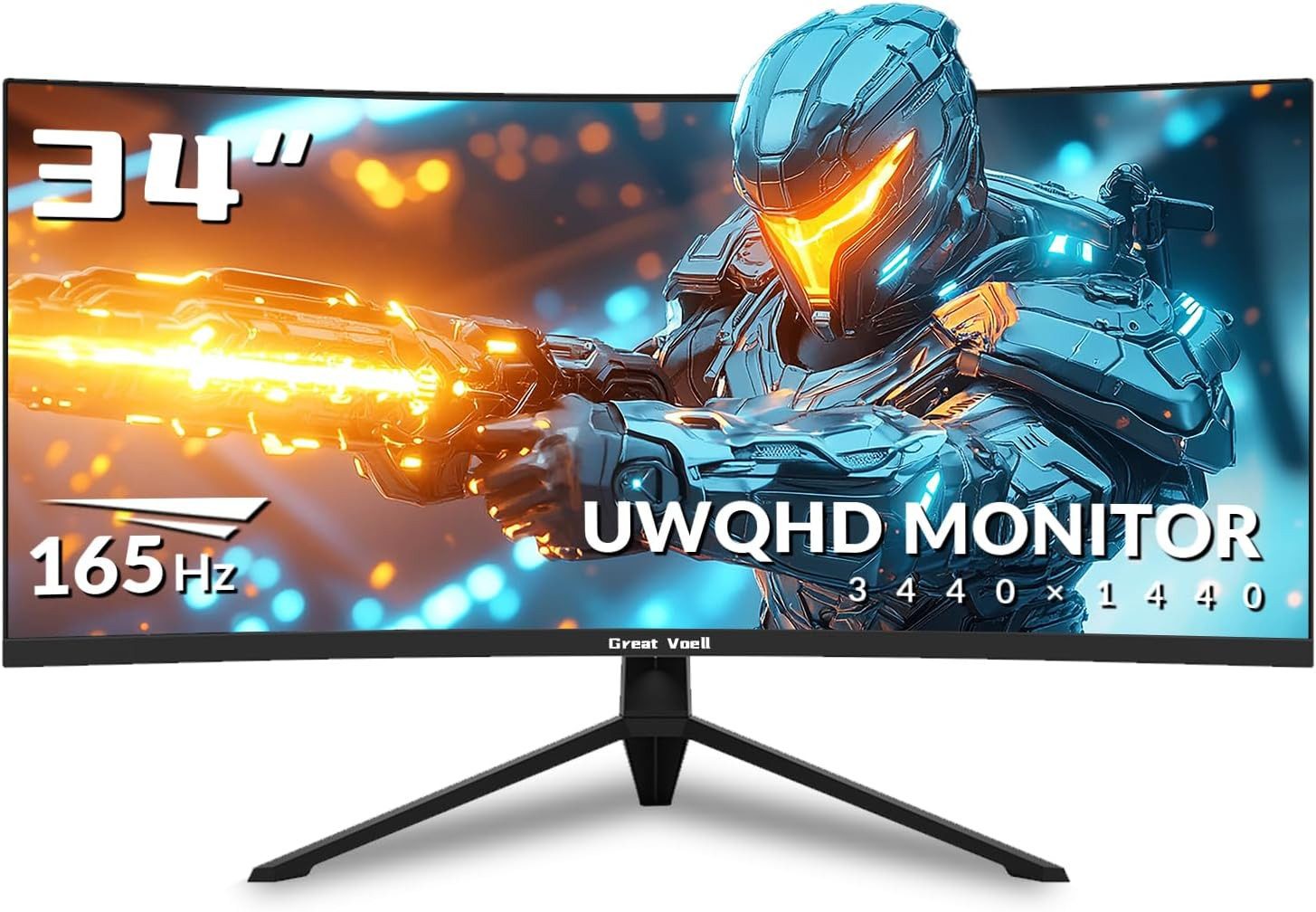 Great Voell 34 Zoll WQHD 4K(3440x1440), 165Hz, 1500R, PIP/PBP, Curved Gaming-Monitor (86 cm/34 ", 3440 x 1440 px, WQHD, 1 ms Reaktionszeit, 165 Hz, VA LED, 127% sRGB, 1500R, Adaptive Sync, HDR10, VESA)