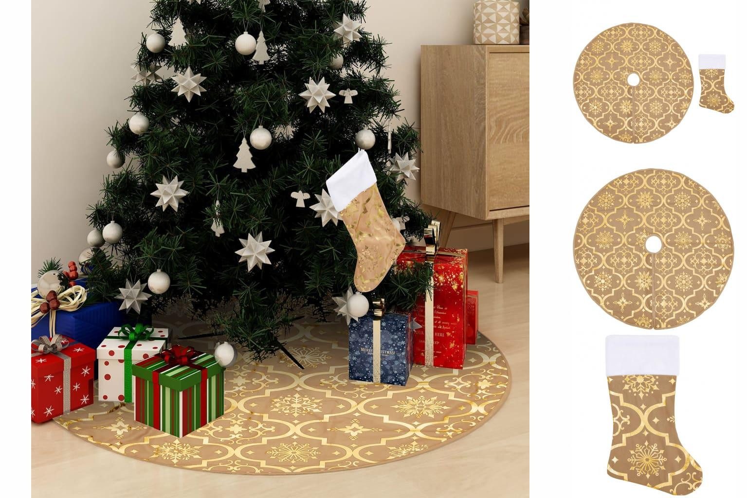 vidaXL Christbaumschmuck Luxus-Weihnachtsbaumdecke mit Socke Gelb 122 cm Stoff