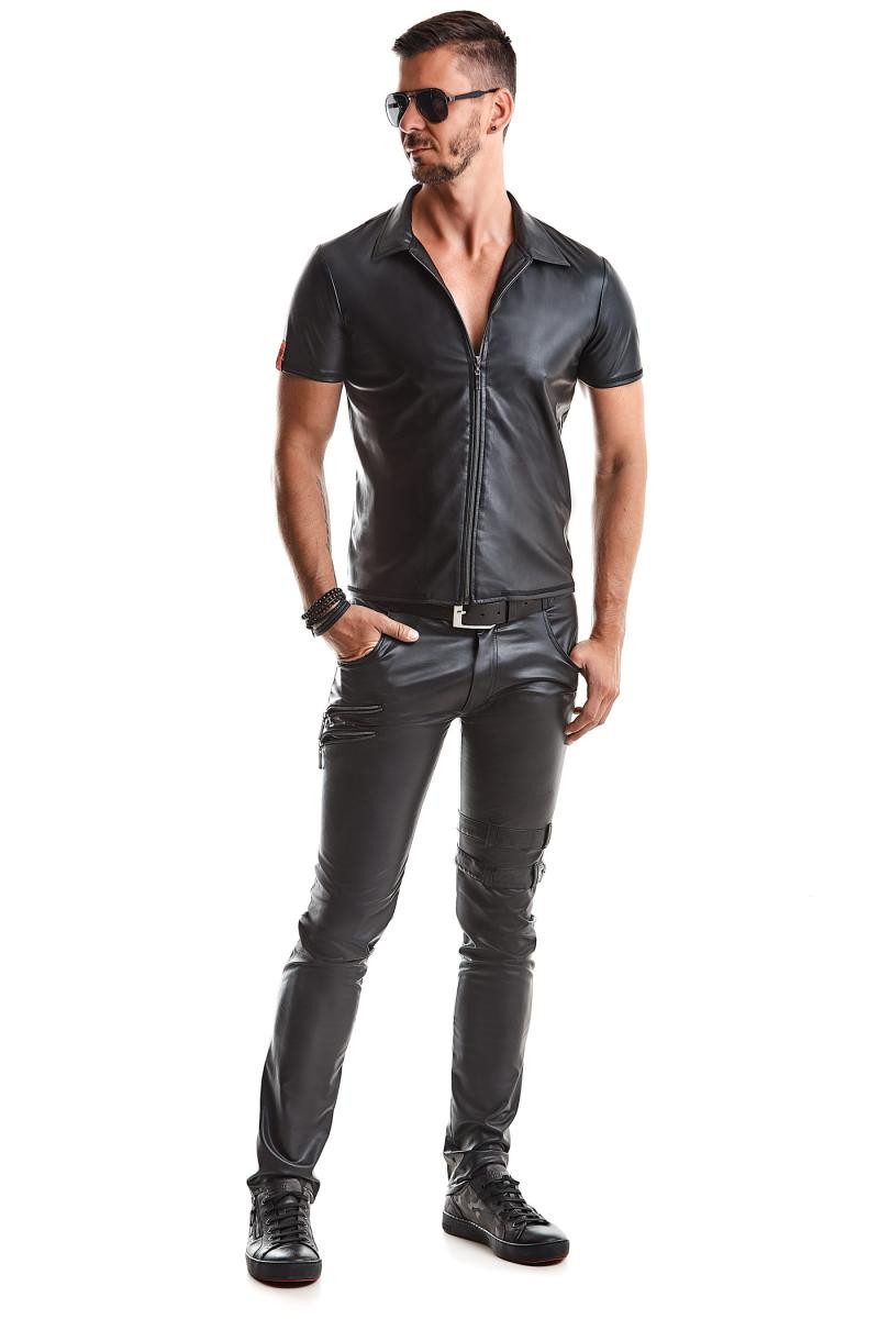 Regnes Fetish Planet T-Shirt Herren T-Shirt schwarzes Wetlook Poloshirt mit Stehkragen und schwarze