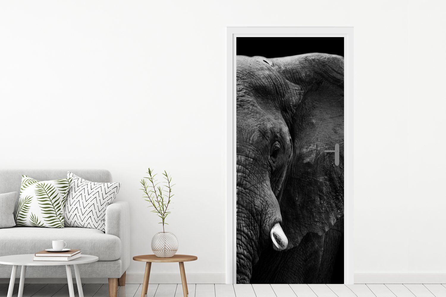 Fototapete Türaufkleber, Türtapete cm Tiere für - St), 75x205 (1 Weiß, Matt, bedruckt, Tür, - MuchoWow - Schwarz - Elefant Wild