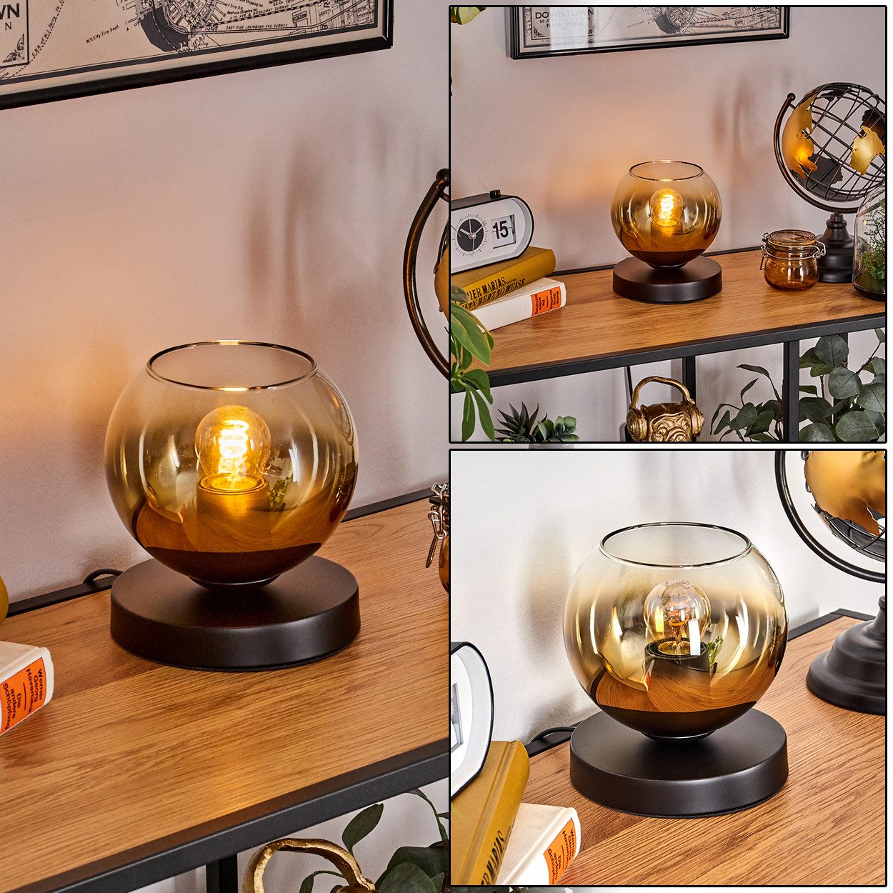 hofstein Tischleuchte Tischlampe aus Metall/Glas in Schwarz/Gold/Klar, ohne Leuchtmittel, mit Glasschrim(15cm), Schalter am Kabel, 1 x E27, ohne Leuchtmittel