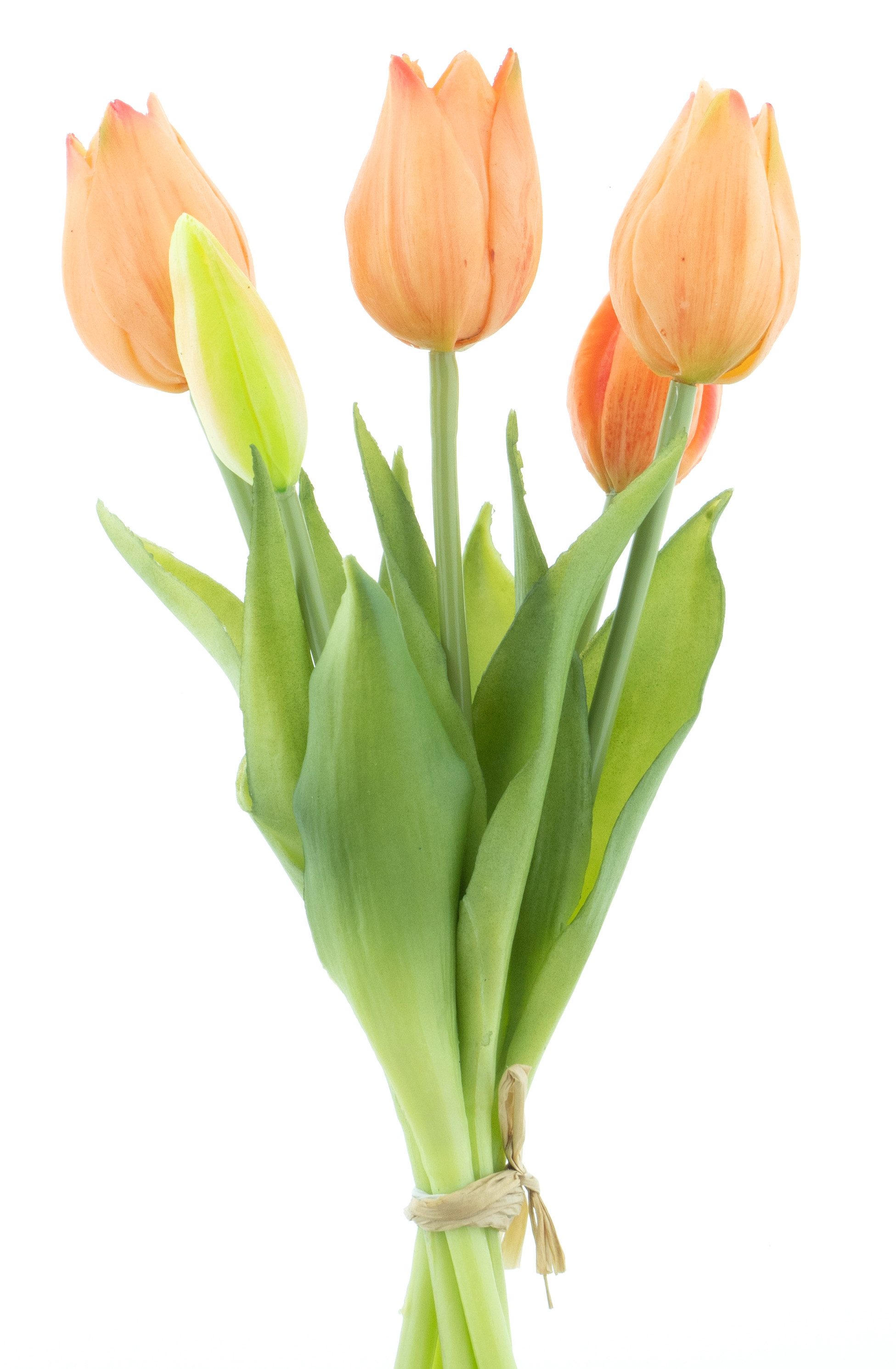 Kunstblumenstrauß Tulpenbund 26cm Tulpen mit 3 Tulpen und 2 Tulpenknospen real Touch, mucPlants