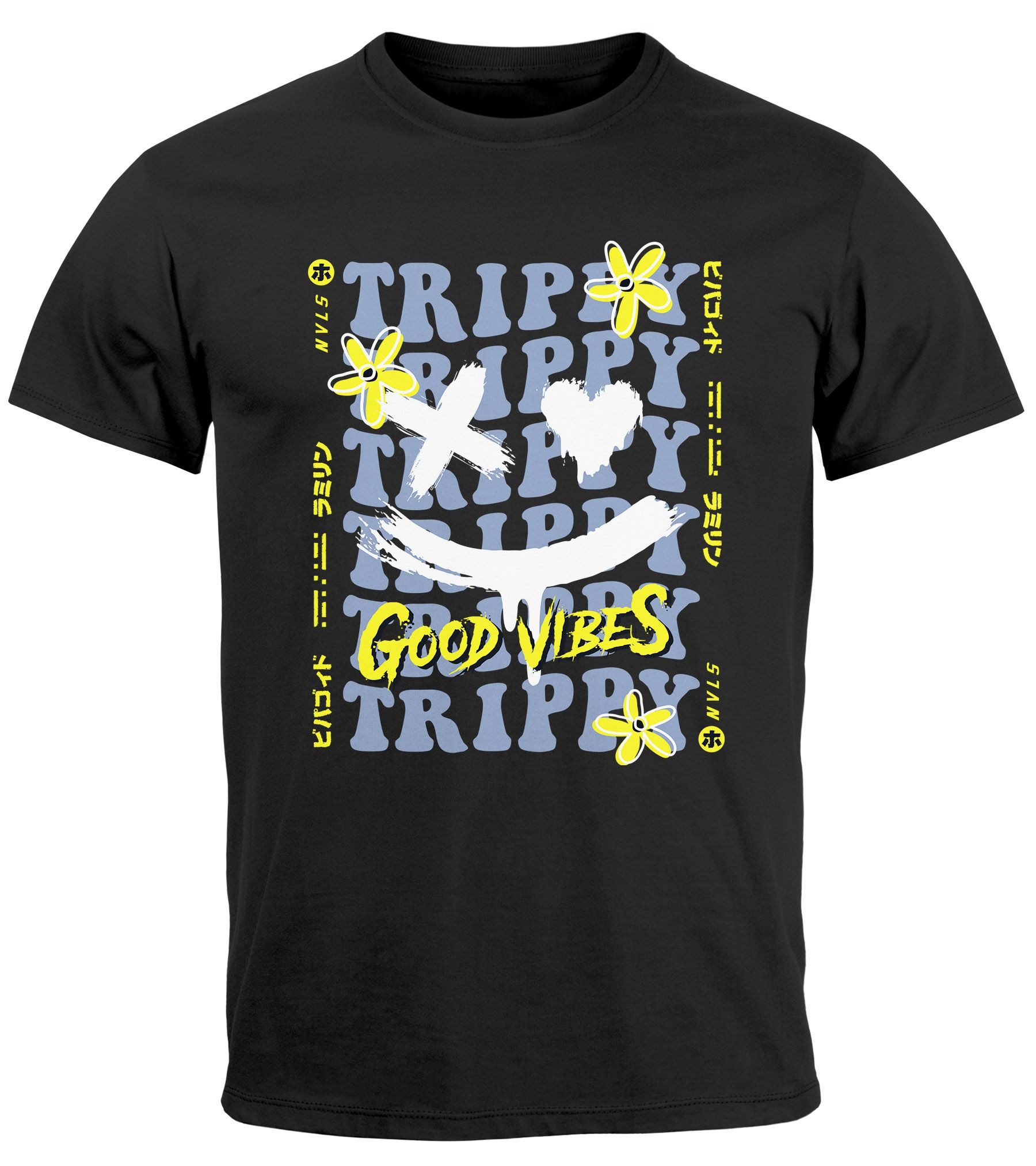 Print-Shirt Herren T-Shirt Drip Face Print Smile Good Vibes Herz Blumen Collage