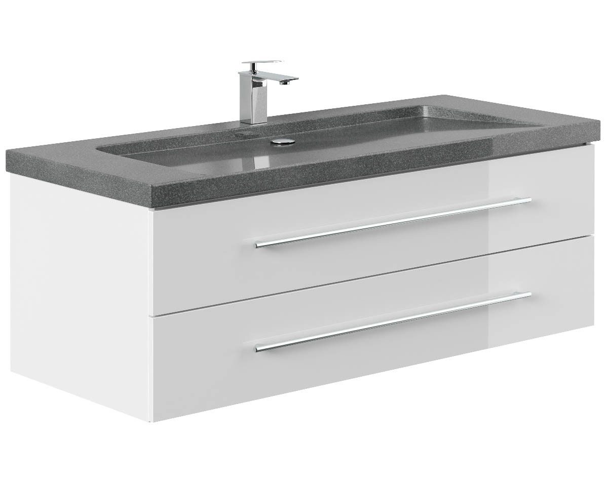 Posseik Waschtisch-Set Badmöbel Waschtisch NATURE 130cm, Granit-Waschbecken, weiß hochglanz, (Badmöbel Set, 1-St., Waschtisch Set)