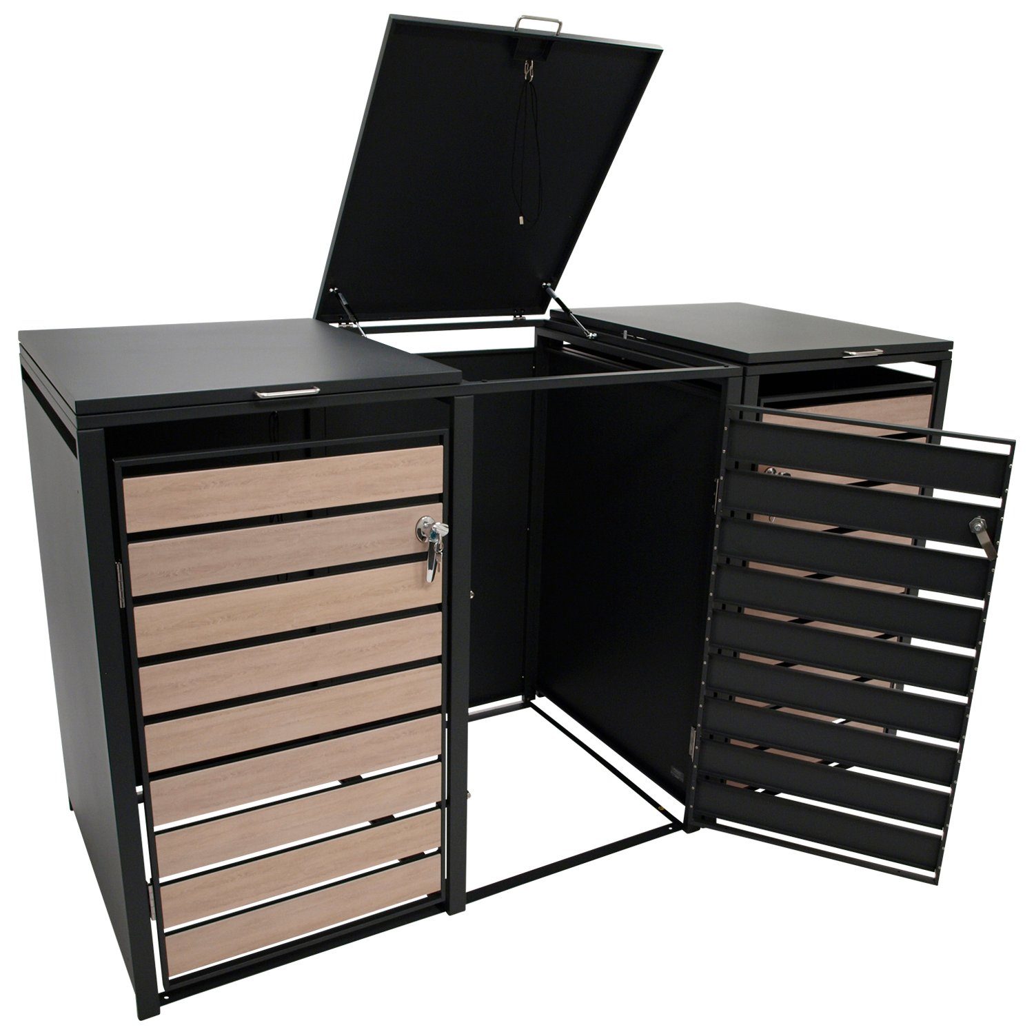 DEGAMO Mülltonnenbox BERLIN (1 St), Stahl grau, Türen in Holzoptik, für 3 Tonnen 120 oder 240 Liter
