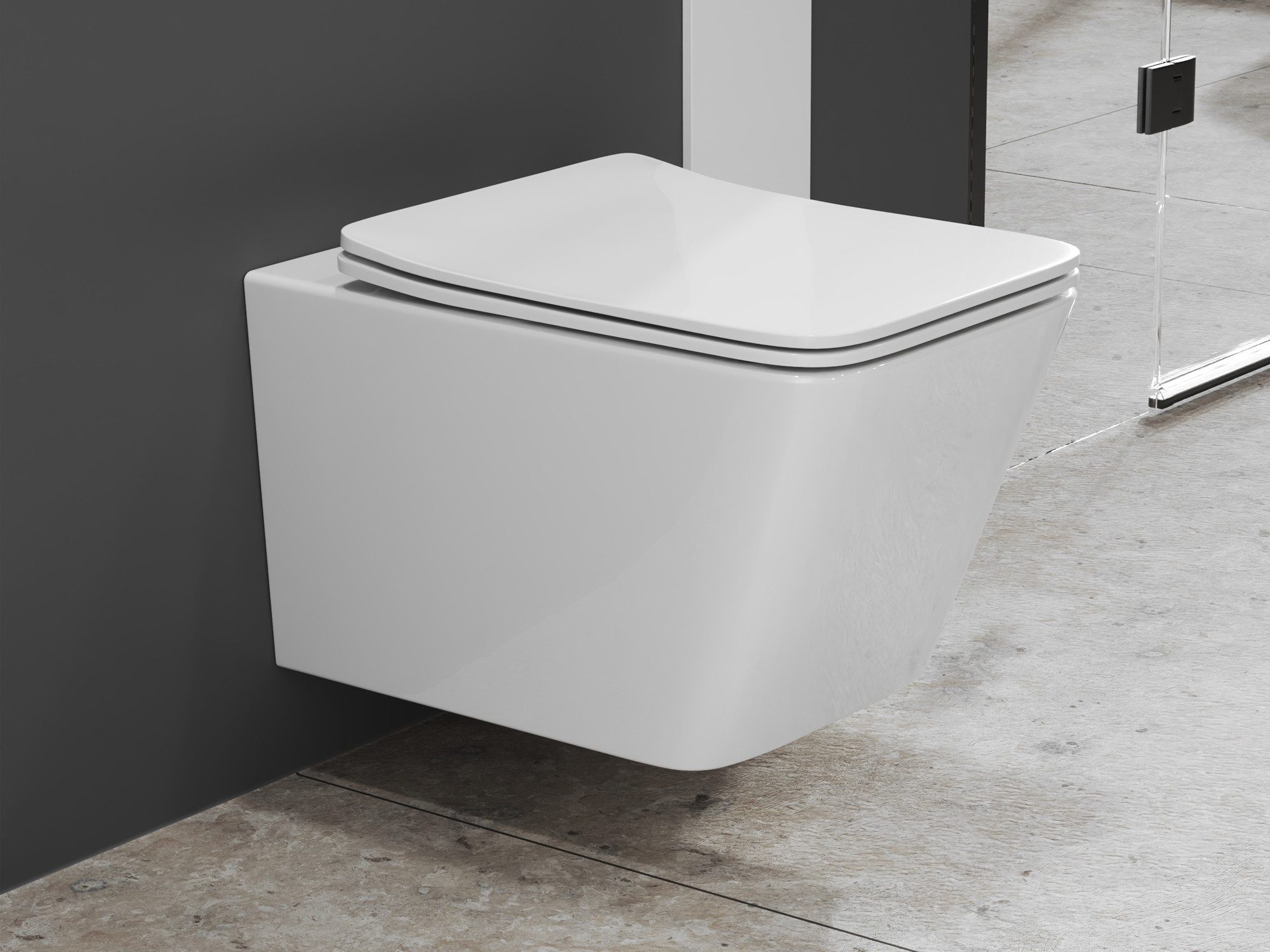 Aqua Bagno Tiefspül-WC Spülrandloses Hänge-WC inklusive Softclose WC-Sitz, Wandmontage, Abgang waagerecht, Komplett Set, Toilette ohne Rand, eckig, weiß