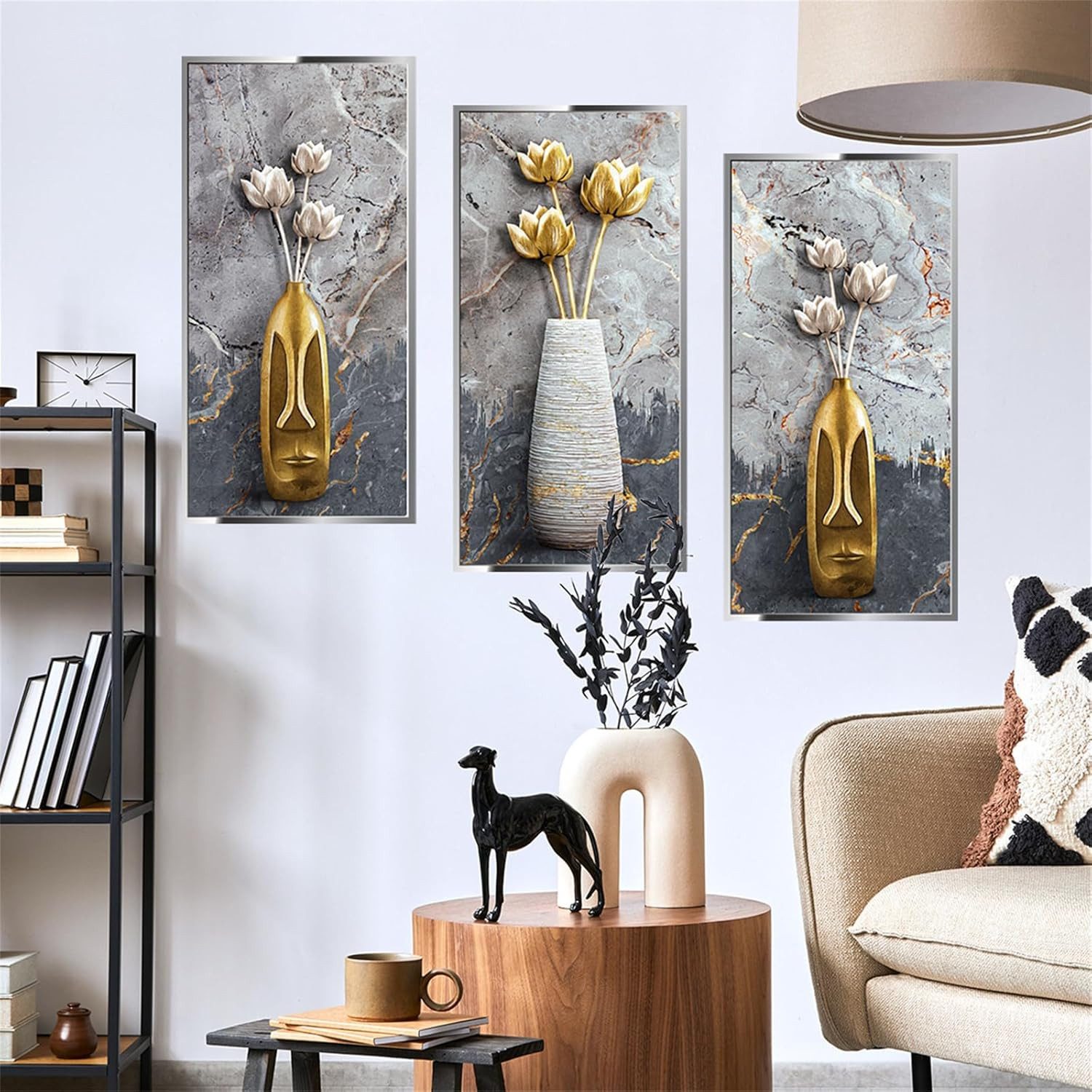 MOPUEA Wandsticker 3D Lotus Vase Wandaufkleber 3er Set selbstklebend Wanddeko 30x60cm (3D Wandaufkleber Vase Lotus DIY Wanddeko Set, 3er Set selbstklebende 3D Vase Lotus Wandsticker 30x60cm), Selbstklebend, abnehmbar, wasserfest, PVC, rückstandslos