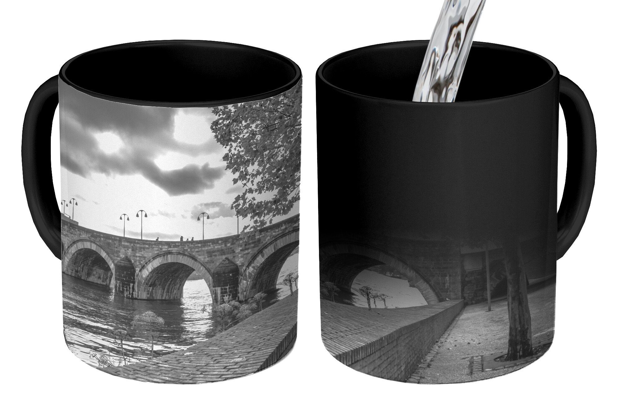MuchoWow Tasse Brücke - Maastricht - Schwarz - Weiß, Keramik, Farbwechsel, Kaffeetassen, Teetasse, Zaubertasse, Geschenk