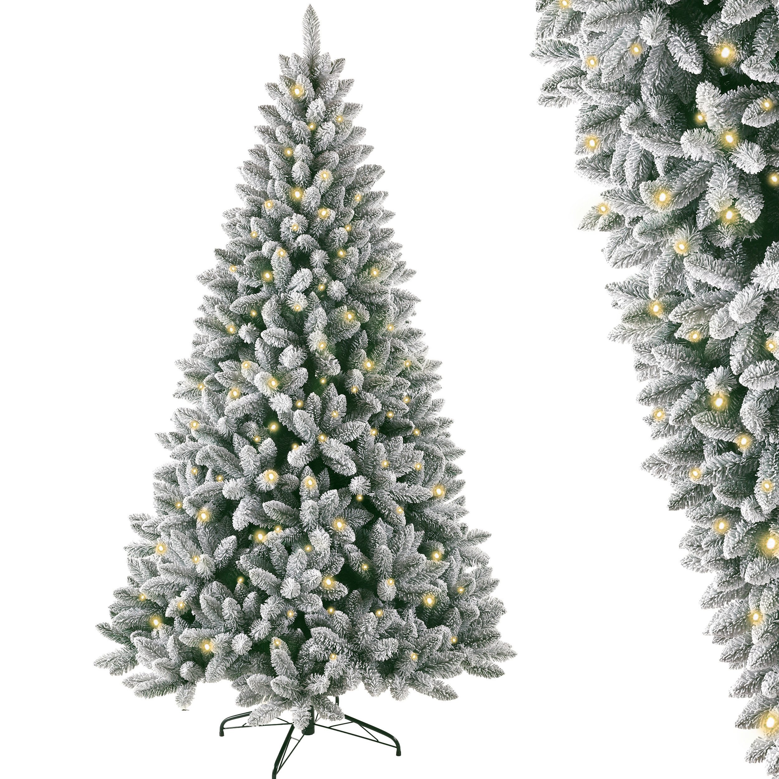 Sinaopus Künstlicher Weihnachtsbaum Tannenbaum künstlich, mit Lichterkette, Schnee, 180/210 cm, 100% PVC, Weihnachtsbaum künstlich, wiederverwendbar, Christbaum, Metallständer, 1050 Spitzen, 8 Lichtmodi, mit Handschuhe