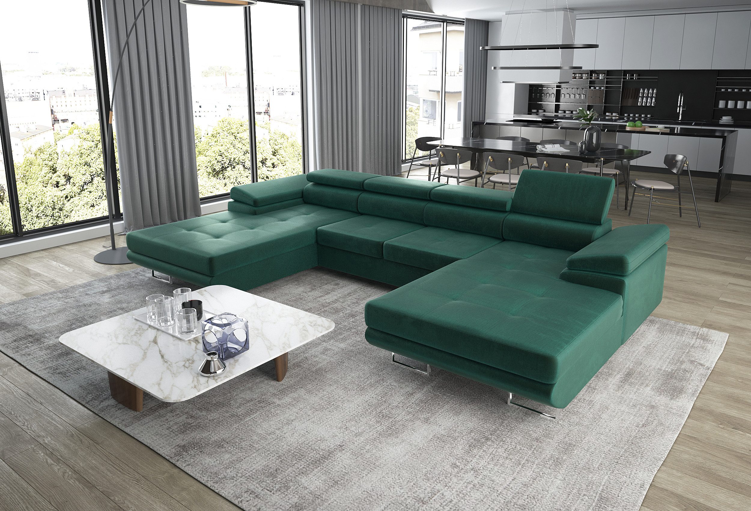 thematys Ecksofa ALVARO U 355 x 162cm mit Schlaffunktion & Bettkasten –, U-Sofa mit 4 verstellbaren Kopfstützen, Samt (Monolotith), oder Cord (Poso) - U-Form, XL-Wohnlandschaft, 355 cm breit