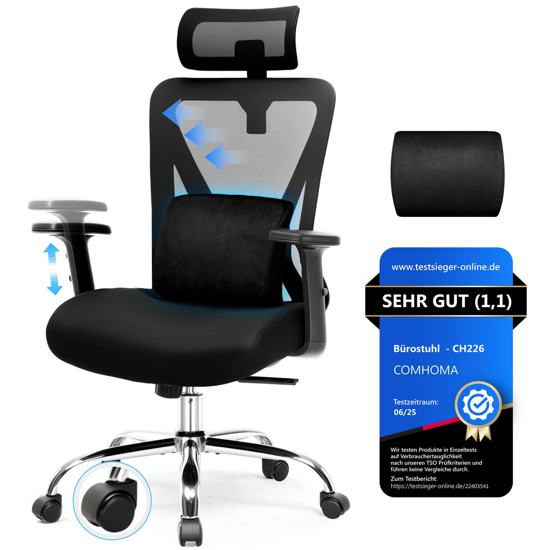 GTPLAYER Bürostuhl Ergonomischer Schreibtischstuhl mit 3D Lendenwirbelstütze & Kopfstütze (Packung), verstellbare Armlehnen, Office Chair mit Wippfunktion
