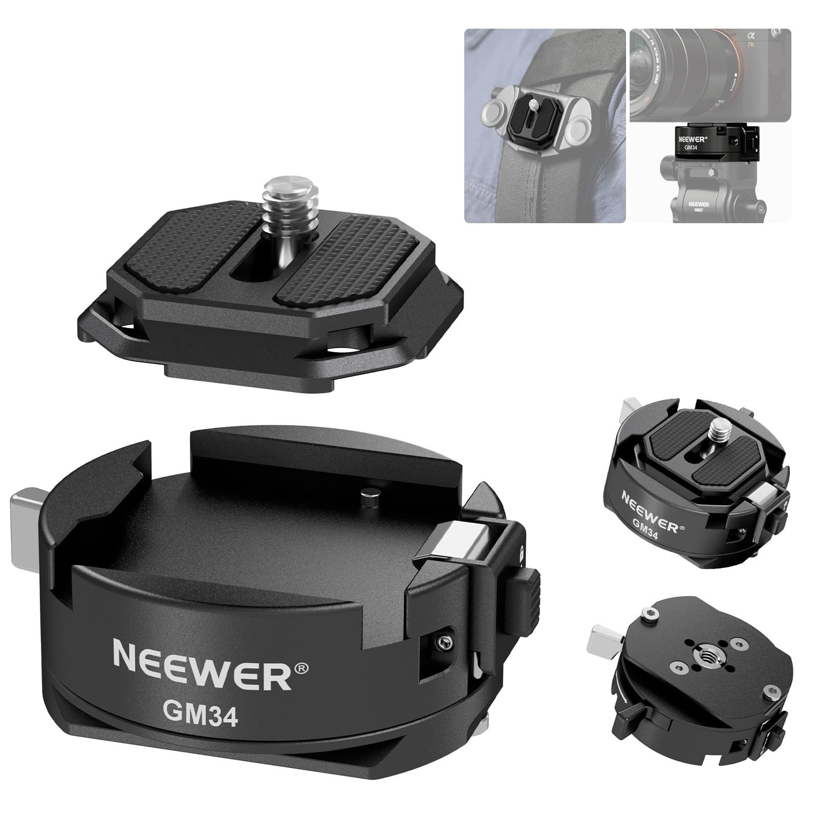 Neewer GM34 Kamera Schnellwechselplatten Set, Quick Switch Auto Lock Stativhalterung (Square, QR Halterung Platte mit Arca Typ Klemme Basis, max. Last 5kg)