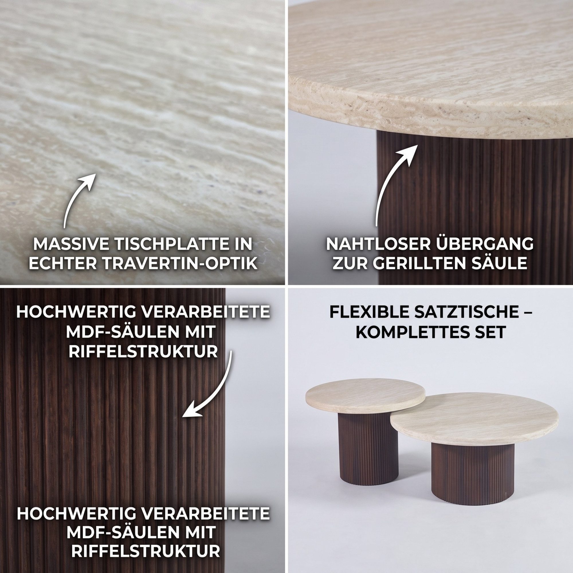 alesvelt Couchtisch Trivento Travertin-Design Tischplatte 2er-Set im edlen Säulenstil (2-er Set), Ø80X38 CM + Ø60X43 CM – Bild 5 von 5