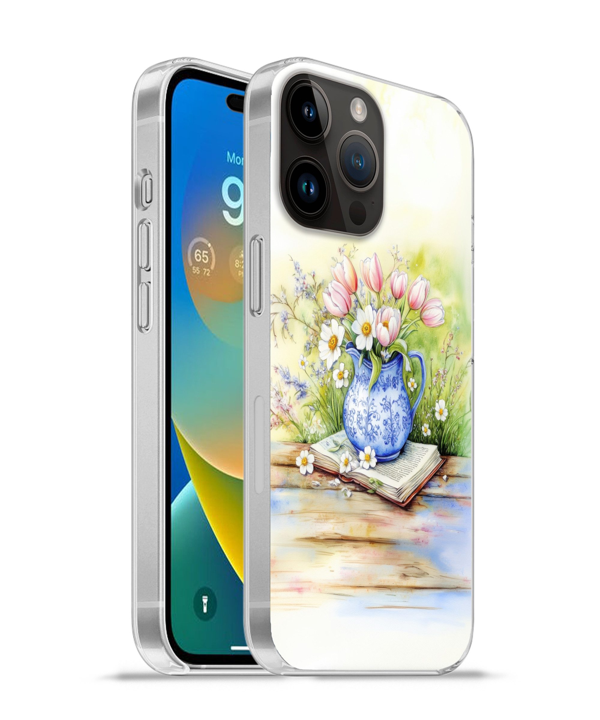 MuchoWow Handyhülle für Apple iPhone 14 Pro Vase - Delfter Blau - Gänseblümchen, Smartphone-Bumper, Print, Handy Schutzhülle Dünn