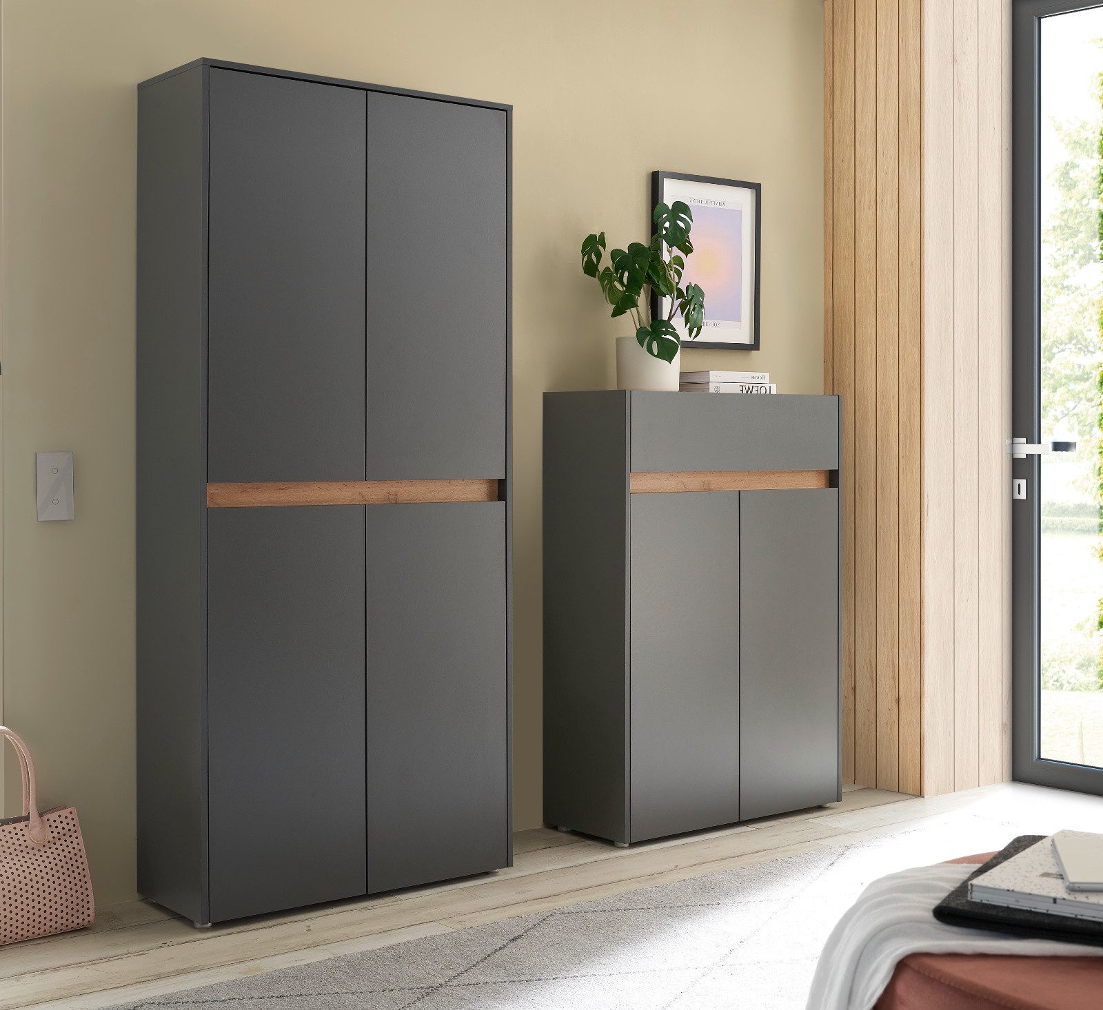Furn.Design Garderoben-Set Center, (Kombination in grau mit Wotan Eiche, 2-St., Kommode und XXL Schuhschrank), 12 Fächer je 81 cm