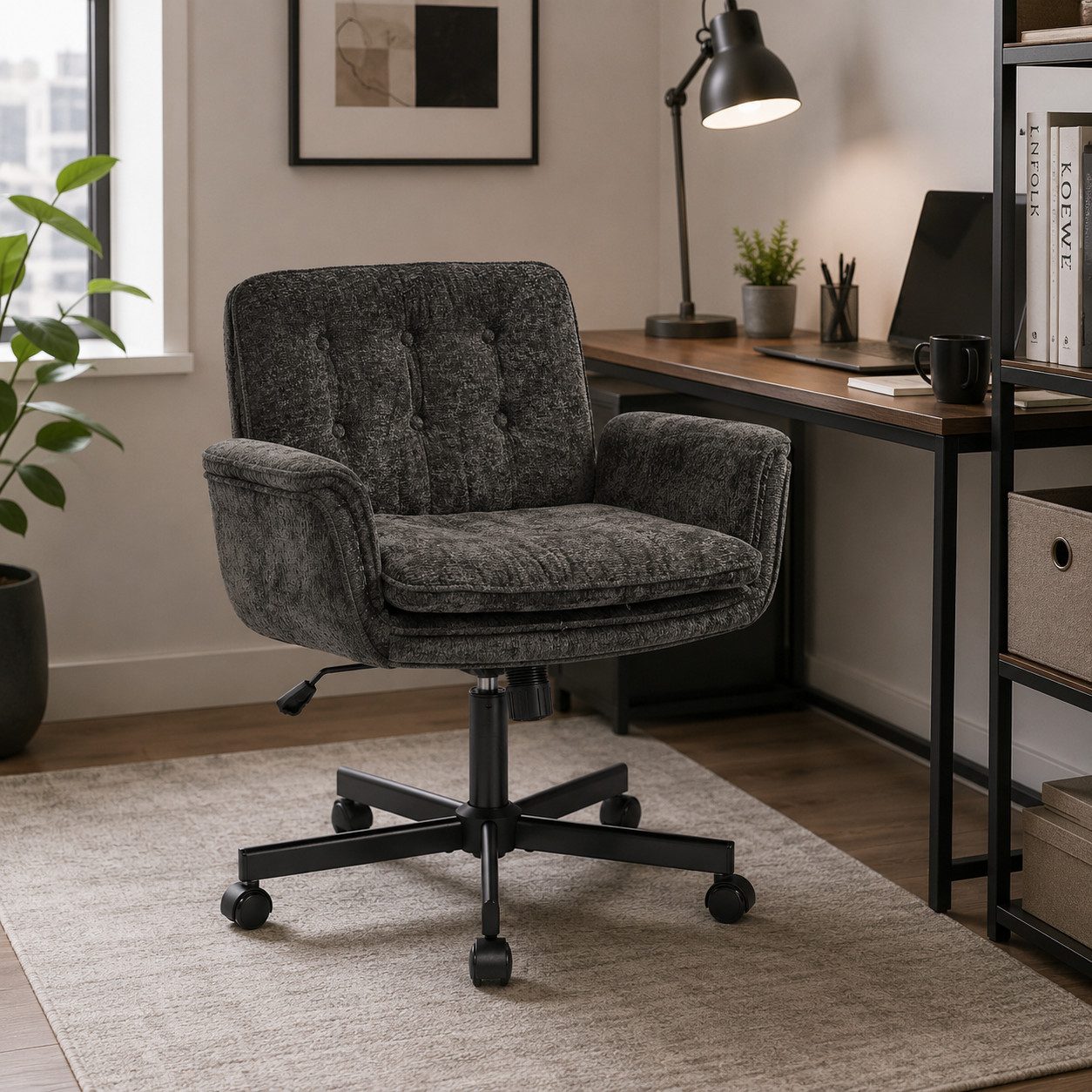 Leawin Drehstuhl Bürostuhl ergonomisch Schreibtischstuhl mit breitem Sitz, Mit Chenille-Bezug, 5-fach Armlehnen und 150 kg Tragkraft