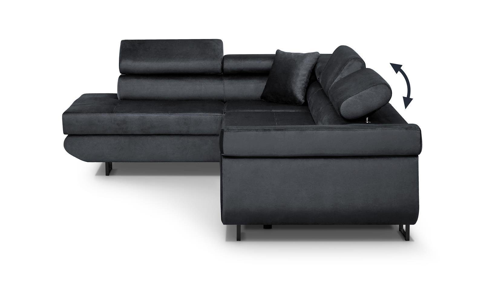 Beautysofa Ecksofa Waldo Schlafecke (monolith für Wellenfedern, L-förmige Wohnzimmer Schlaffunktion, gepolstertes inklusive verstellbaren mit Bettkasten, Ecke 97) Kopfstützen, Dunkelgrau mit L