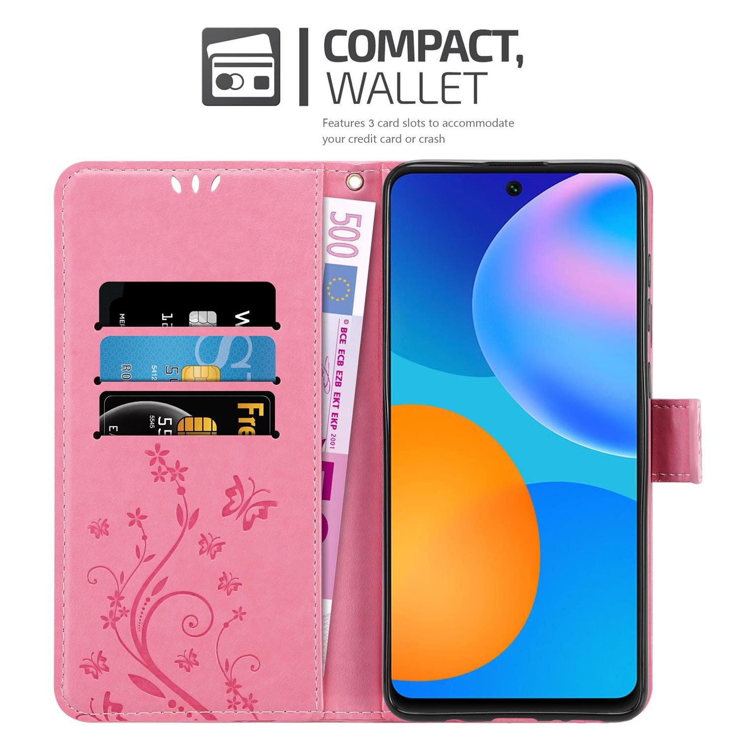 Cadorabo Handyhülle für Huawei P SMART 2021 Hülle Huawei P SMART 2021, Hülle Schutzhülle Blumen Flower mit Standfunktion Kartenfach Magnet