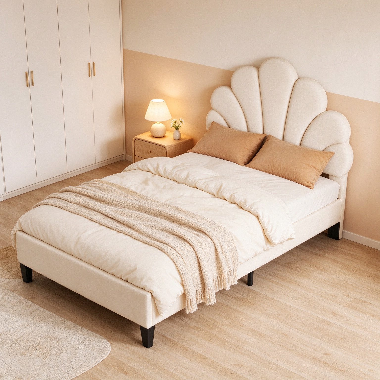 Simurq Einzelbett Polsterbett 90x200, Jugendbett, Einzelbett, Bettgestell, Gästebett, Mit Lattenrost, Blütenblattförmiges Kopfteil, Samt