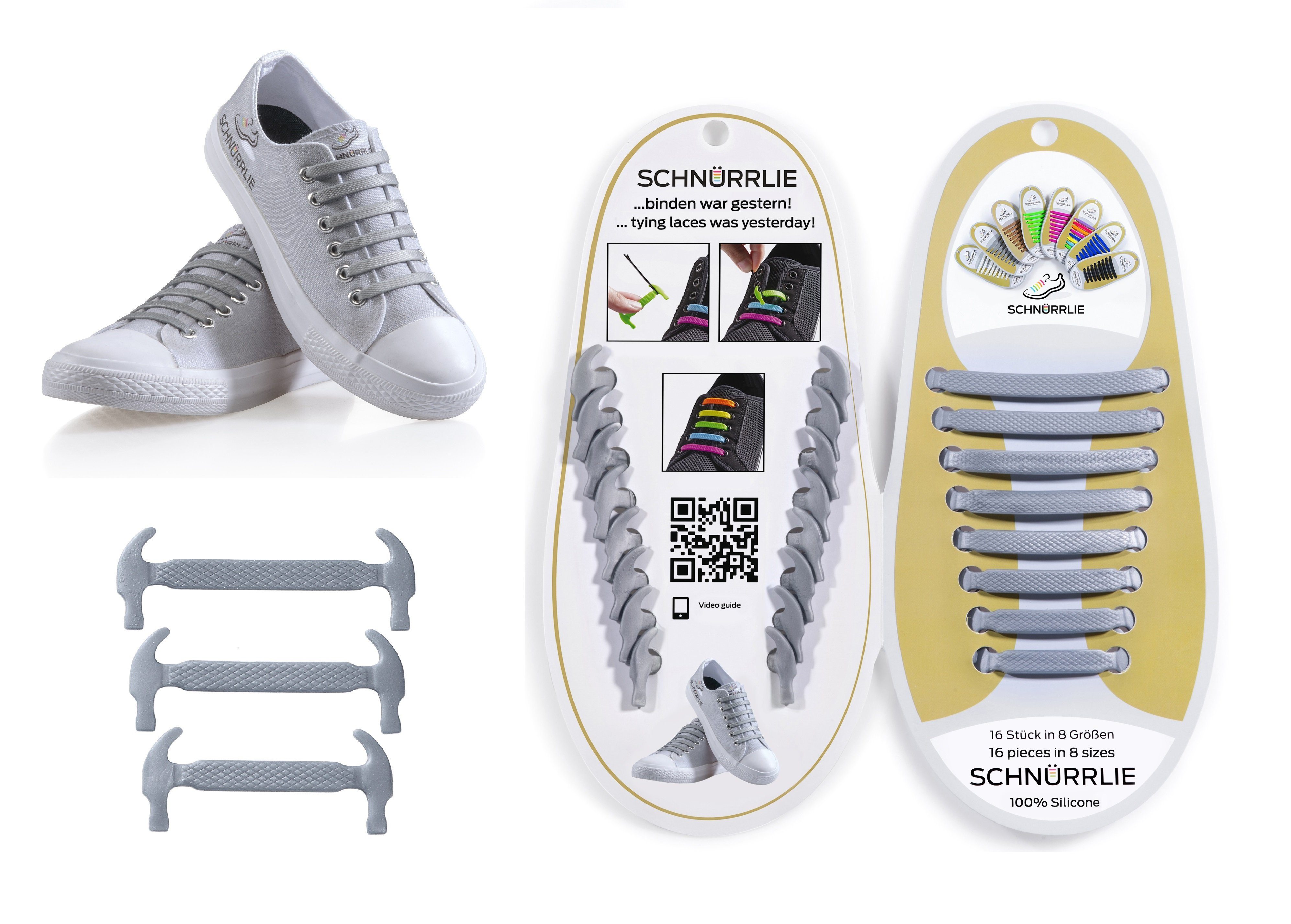 SCHNÜRRLIE Schnürsenkel Silikon Schnürbänder - elastische flache Laces, für Sneaker, Turnschuhe, Sportschuhe uvm Silber