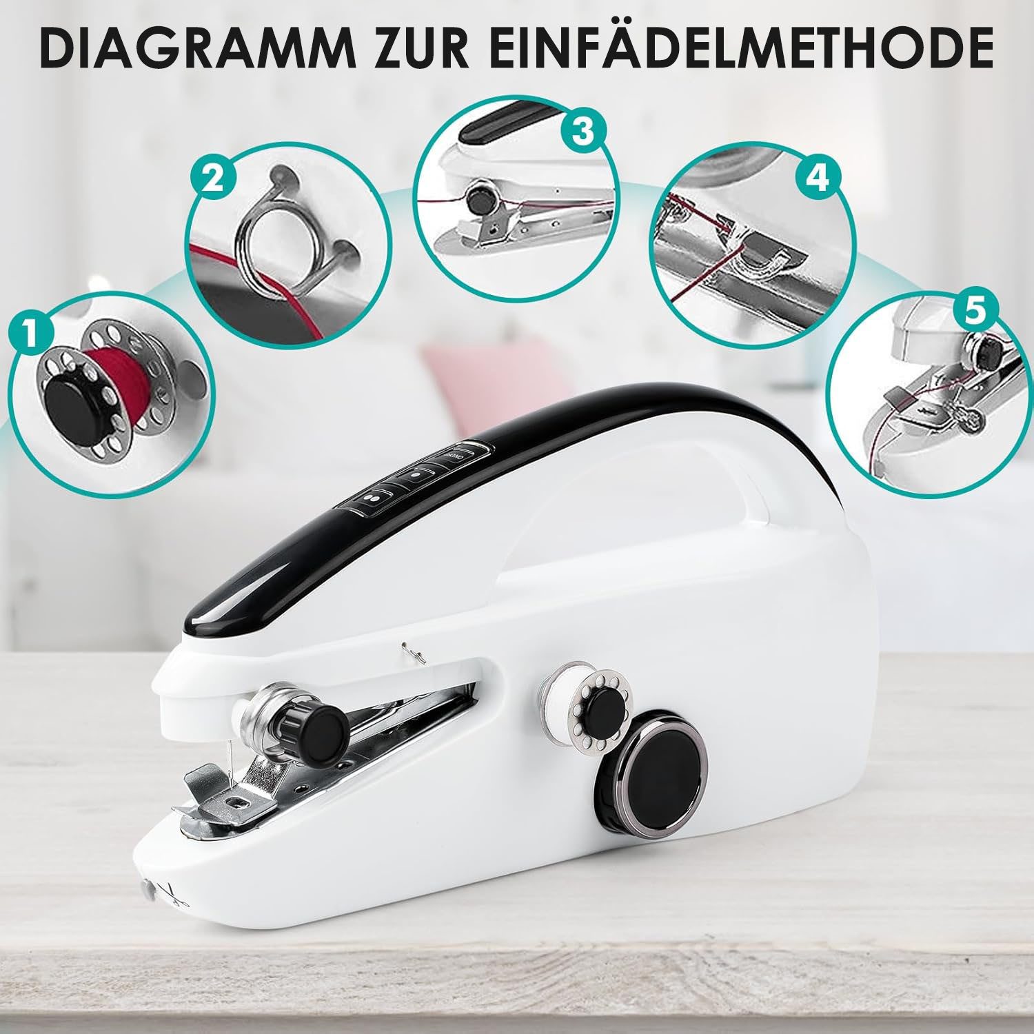 AIMAX Nähmaschine Handnähmaschine Elektrisch Nähmaschine Schnelle Nähen mit Unterfaden, mit Nähzubehör für Anfänger und Schnell Zu Nähen Geeignet
