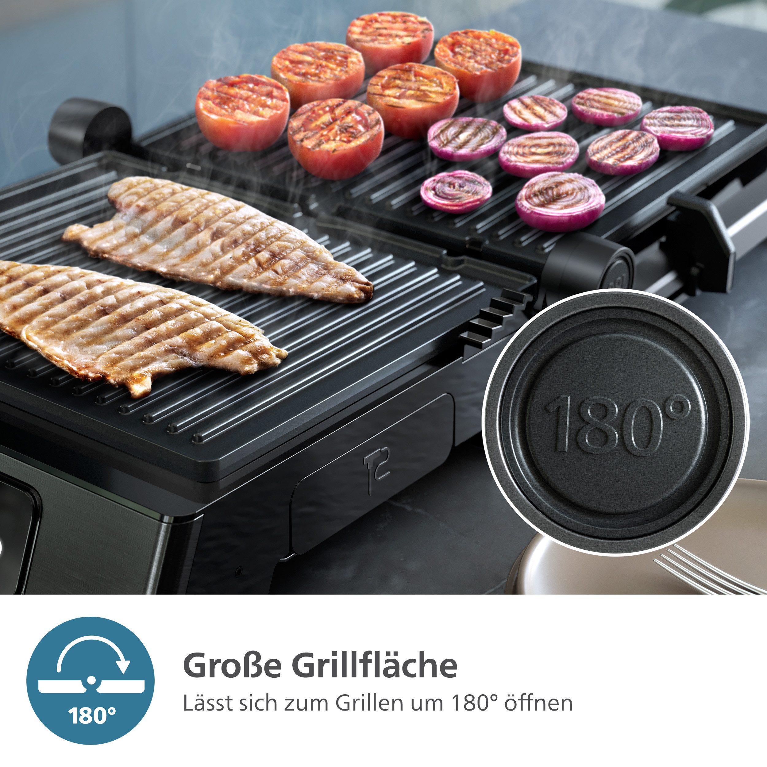 Philips Kontaktgrill 7000 Series HD6307/70 mit digitaler Temperatureinstellung, 2200 W, 8 voreingestellten Funktionen, und verstellbaren, abnehmbaren Platten