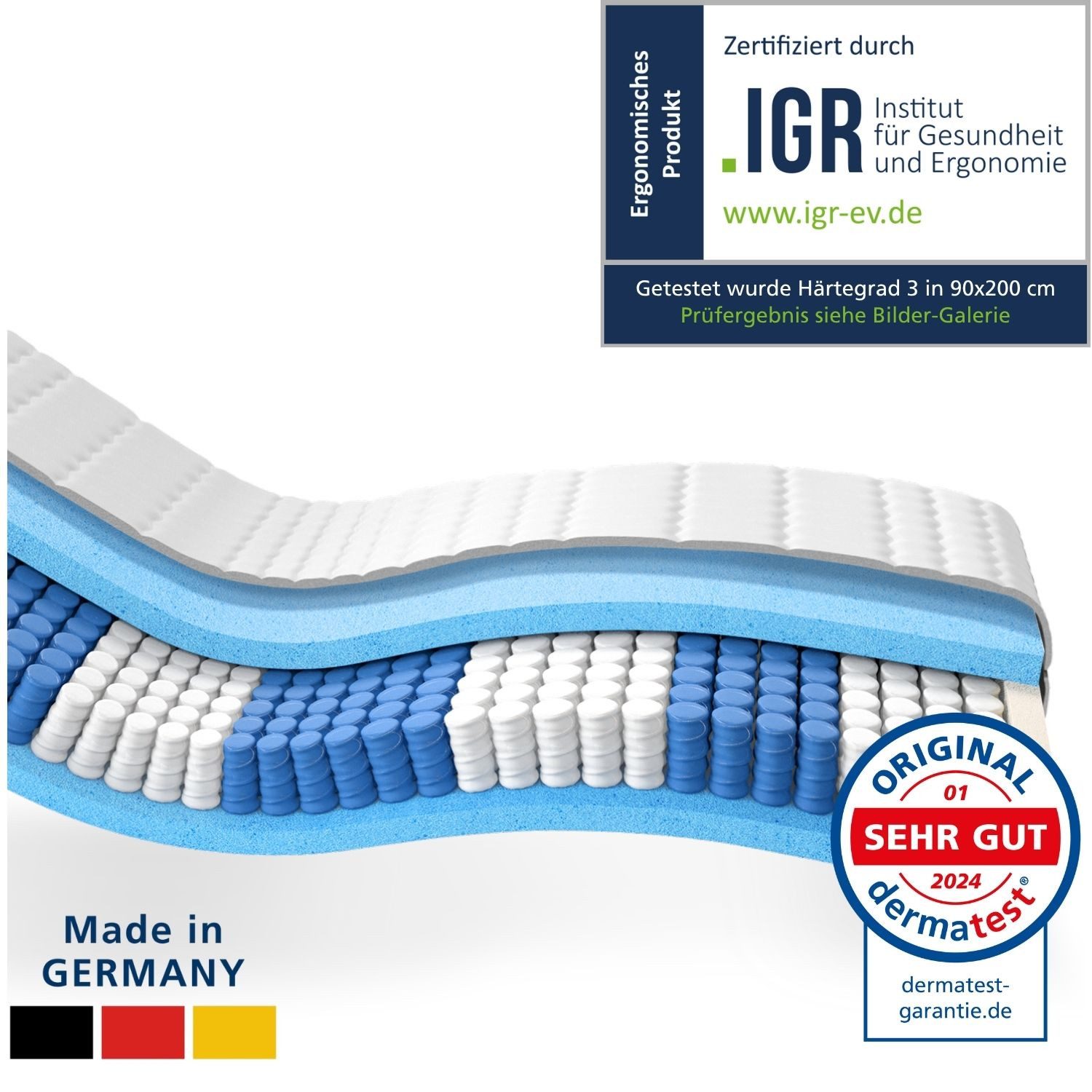 Taschenfederkernmatratze Federkernmatratze, Ergnonomische 7-Zonen Matratze, Tonnentaschenfedern, AM Qualitätsmatratzen, 24 cm hoch, 90x200 cm