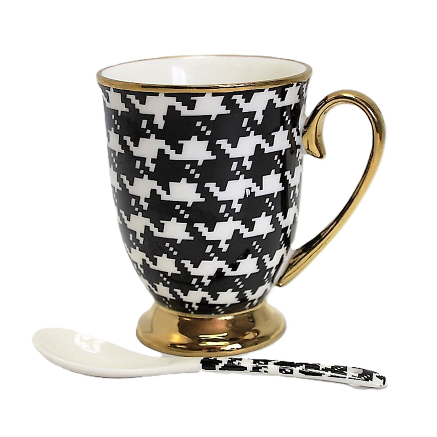 Queen Isabell Becher Porzellanbecher mit Löffel 300ml, Bone China Porzellan, Pepite Goldgriff Basis