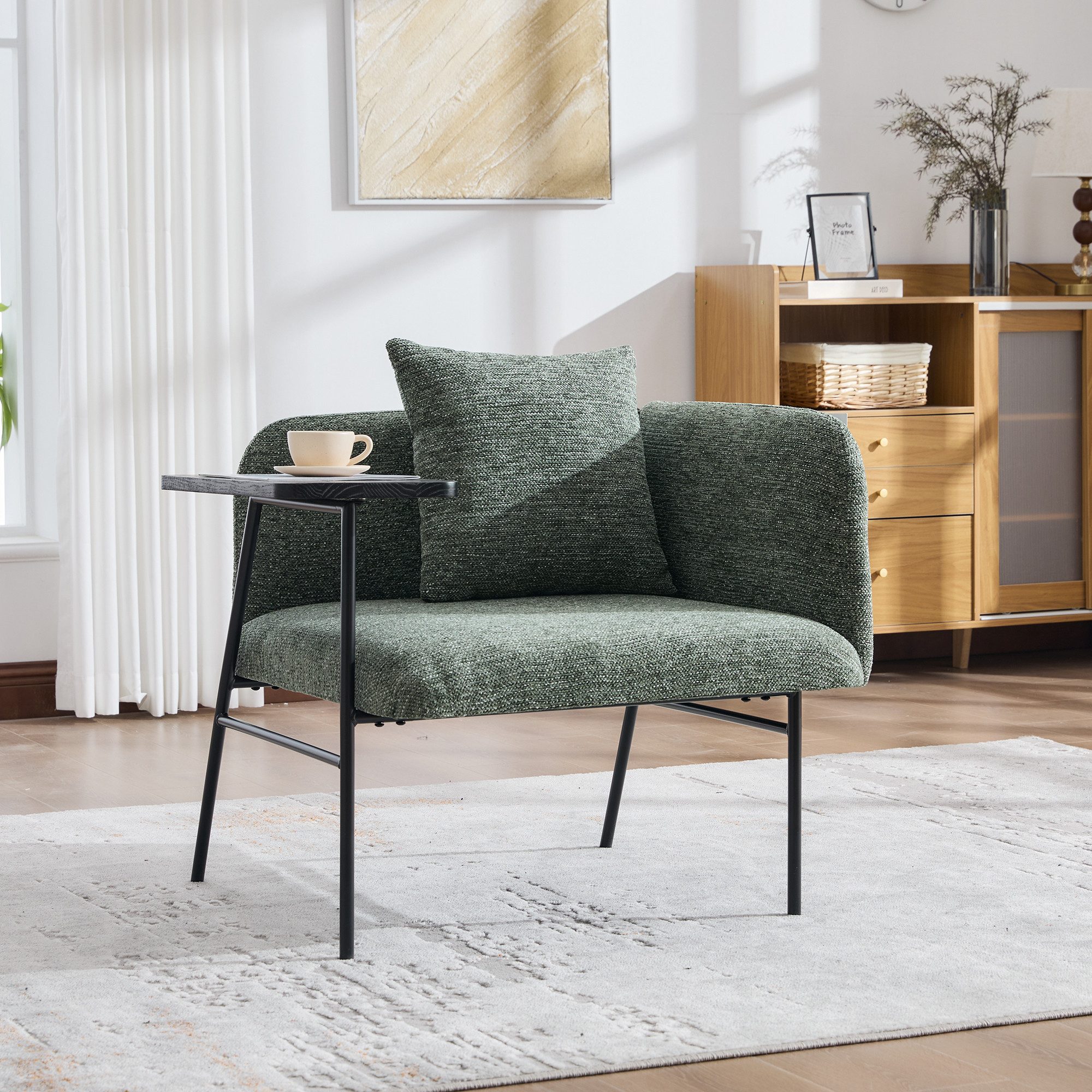 STILVORA Relaxsessel mit Beistelltisch Moderner Einzelsessel mit Seitentaschen (Einzelsessel Set, Stauraum, modern, Sessel + Tisch, dunkle Holzoptik, Metallrahmen, kompakt), ergonomisch, stabil, platzsparend, komfortabel, pflegeleicht