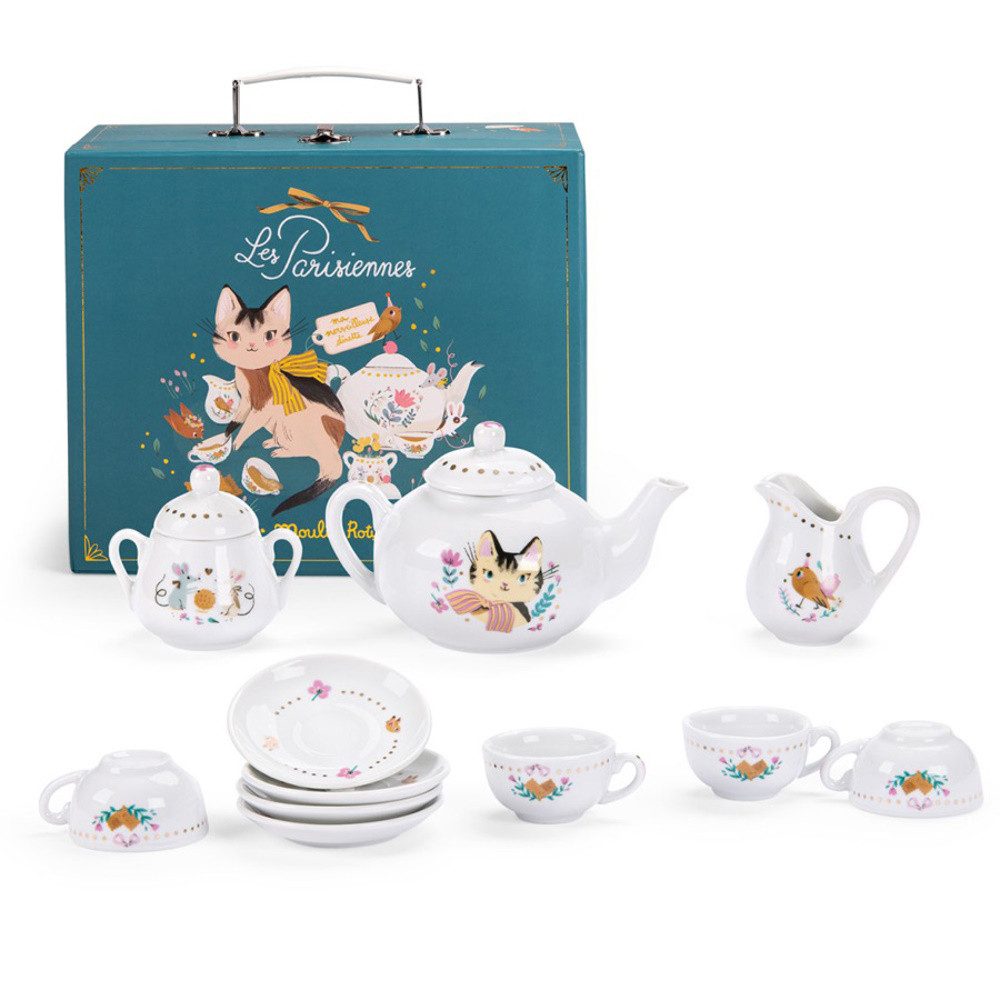 Moulin Roty Teeservice Porzellan Tee-Service für Kinder 11 tlg im Koffer Rollenspiel ab 3, 4 Personen