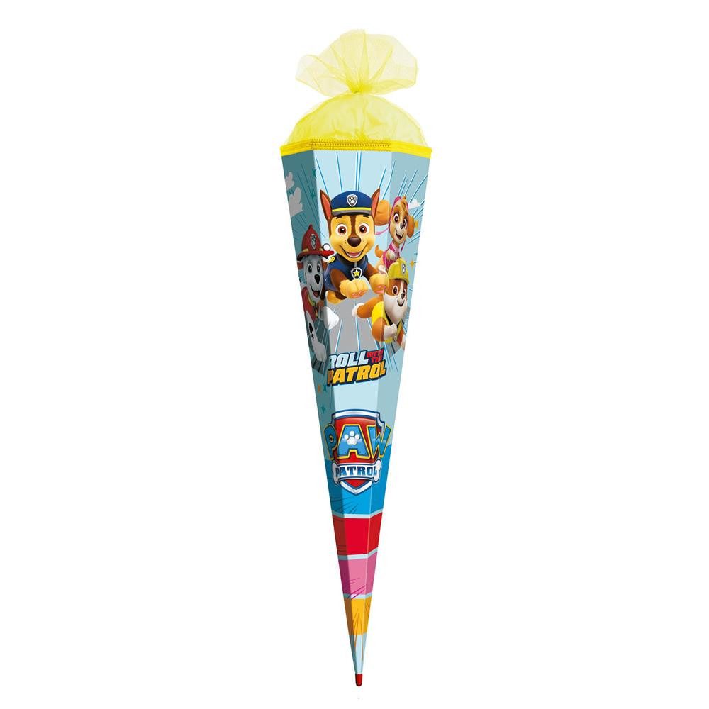 Roth Schultüte Paw Patrol, 85cm, eckig, mit Rot(h)-Spitze und gelbem Tüllverschluss, Hundeabenteuer, gelber Tüll, ROT(H)-Spitze, eckige Form, Schulstart