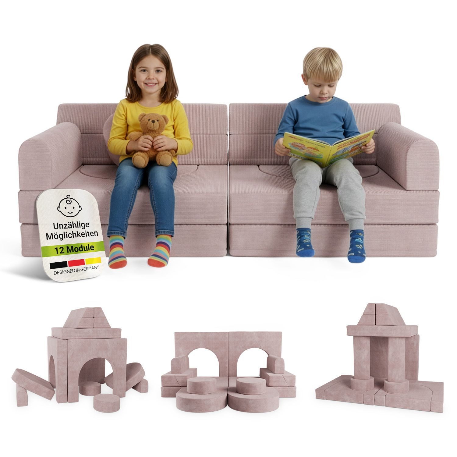Juskys Kindersofa Kayo, 12 Teile, Modulares Spielsofa, Waschbare Cord-Bezüge, 12-teiliges Set mit Kissen