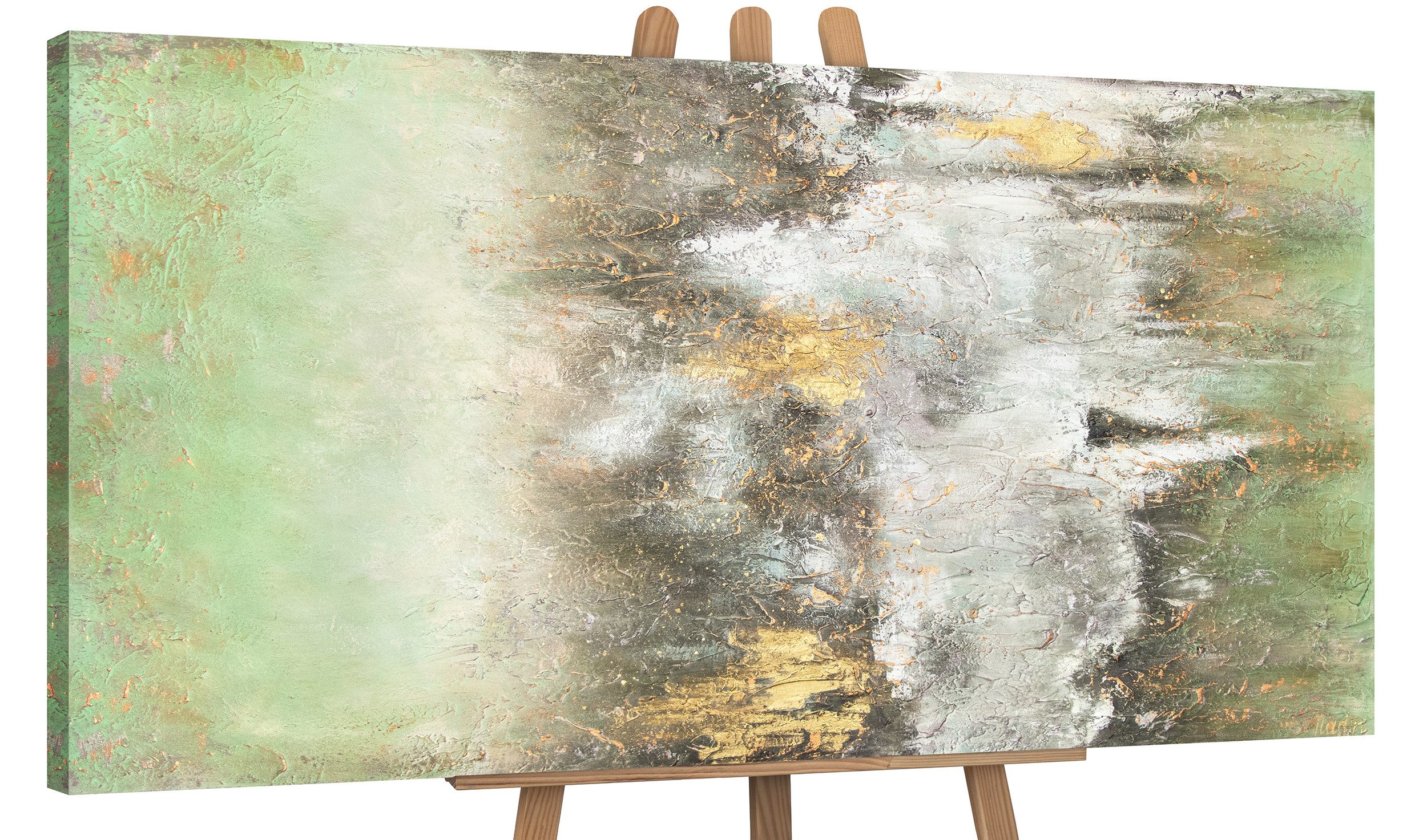 YS-Art Картина Ruhe vorm Sturm, Abstrakte Изображения, Abstraktes Leinwand Bild Handgemalt Grün Gold Weiß