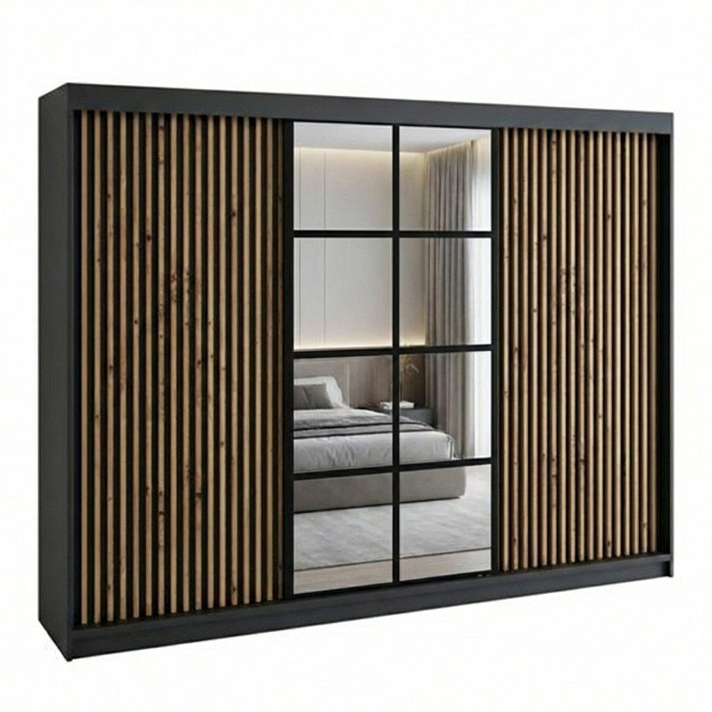 A&J MöbelLand GmbH Schiebetürenschrank NORIVO 200 cm mit 4 Schubladen, und 3D Lamellen (TOP ANGEBOT! Geräumiger Schrank mit einer Breite von 200 cm ideal zur Aufbewahrung von Kleidung und Accessoires. 4 Schubladen und viel Stauraum. TOP PRODUKT! Wählen Sie das ideale Modell für Ihr Schlafzimmer!, Inclusive 4 Schubladen)