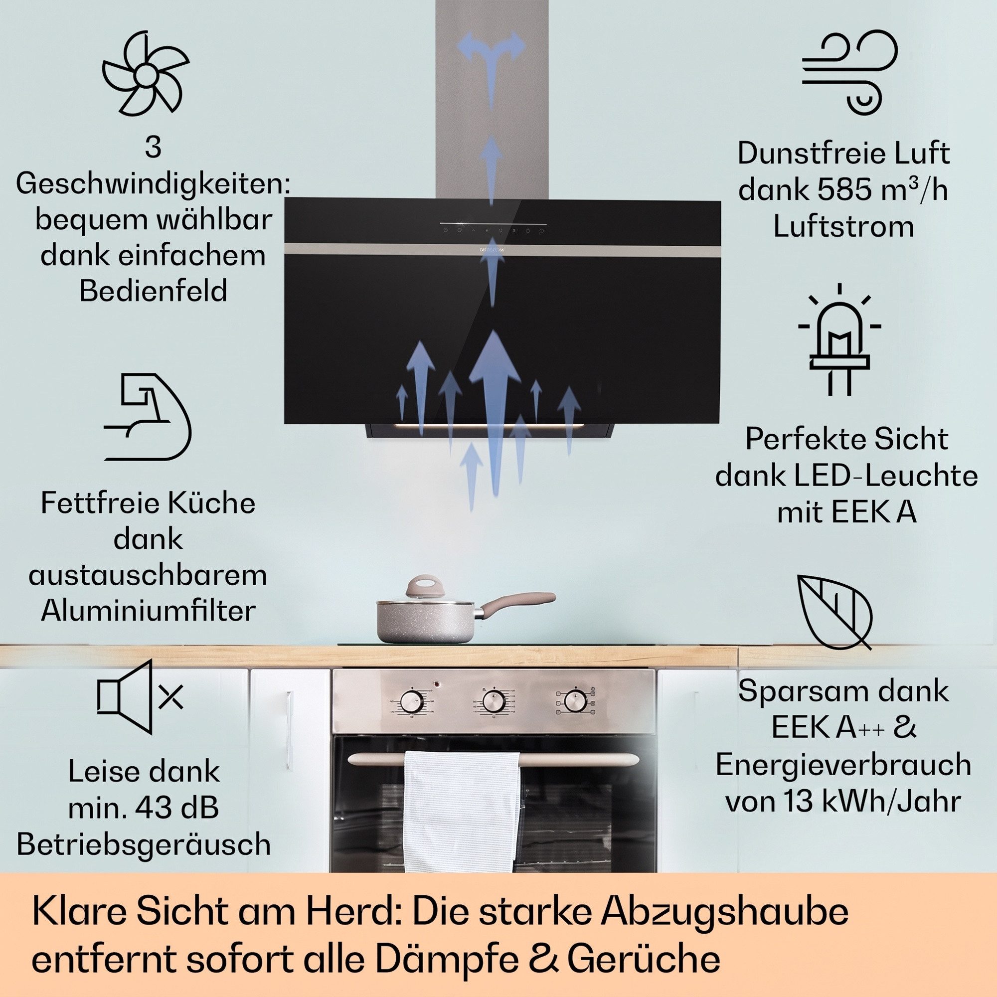Klarstein Deckenhaube Ava Serie Kopffreihaube 90 cm Smart WiFi A++ Touch LED Abzugshaube kopffrei Abluft Umluft Wandhaube mit App & Booster – Bild 2 von 5