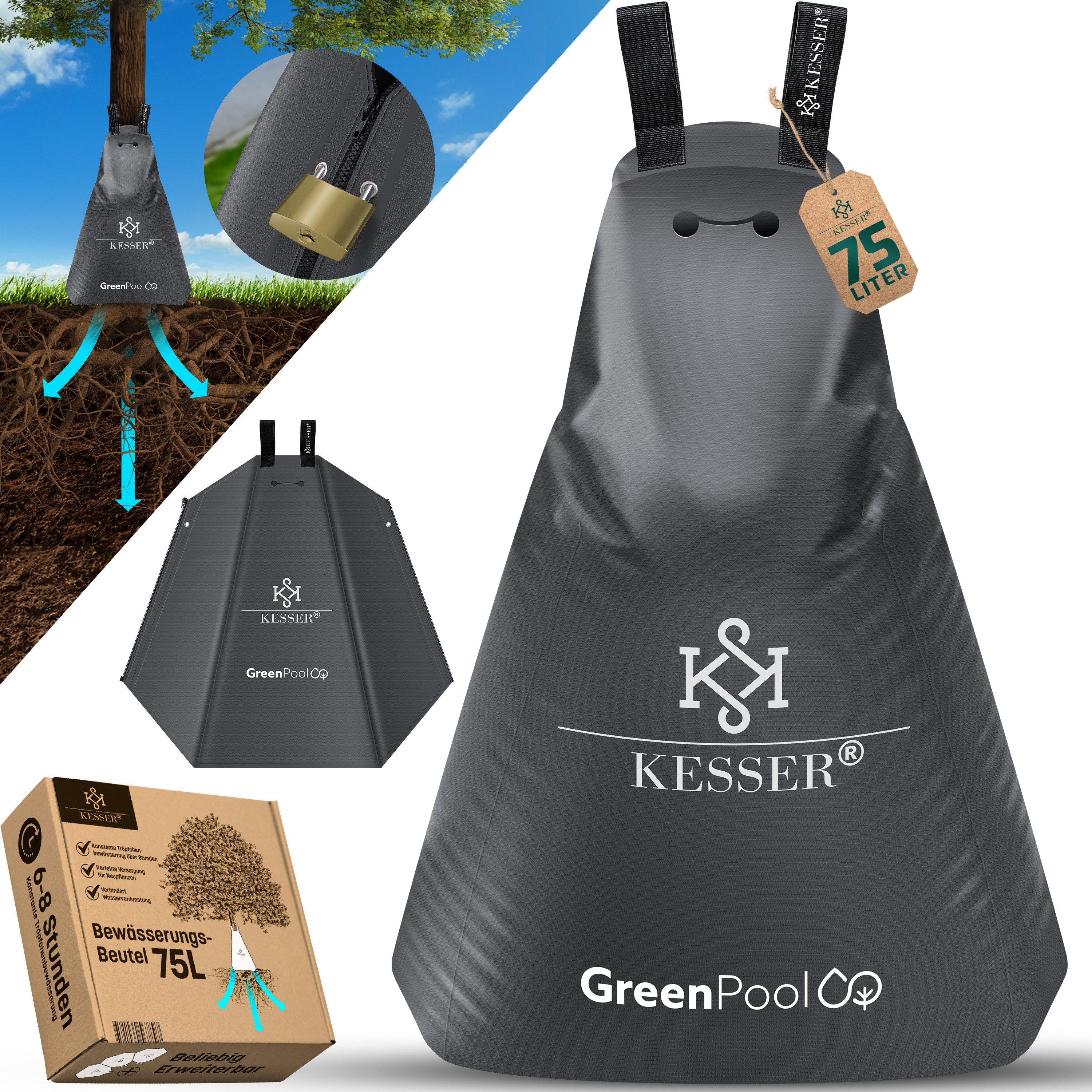 KESSER Tropfer Baum-Bewässerungssack Bewässerungssystem für Bäume, (1-tlg., Bewässerungsbeutel aus UV beständigem PVC mit Schloss & 2x Schlüssel), Baumbewässerungsbeutel, Baumsack für gezielte Bewässerung von Bäumen