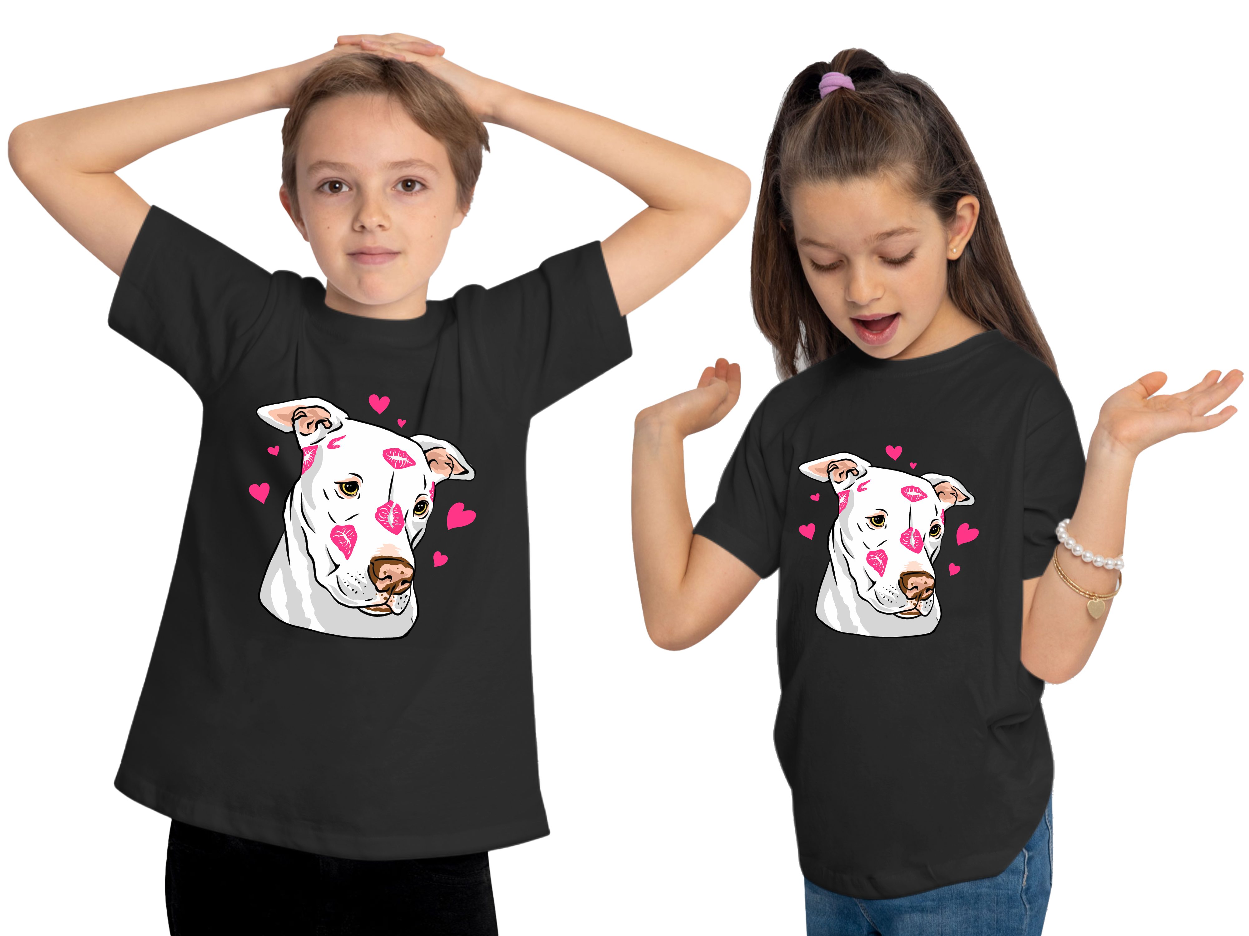 T-Shirt mit Hunde bedrucktes Pitbull i229 Aufdruck, - Print-Shirt Herzen schwarz MyDesign24 Baumwollshirt mit Kinder