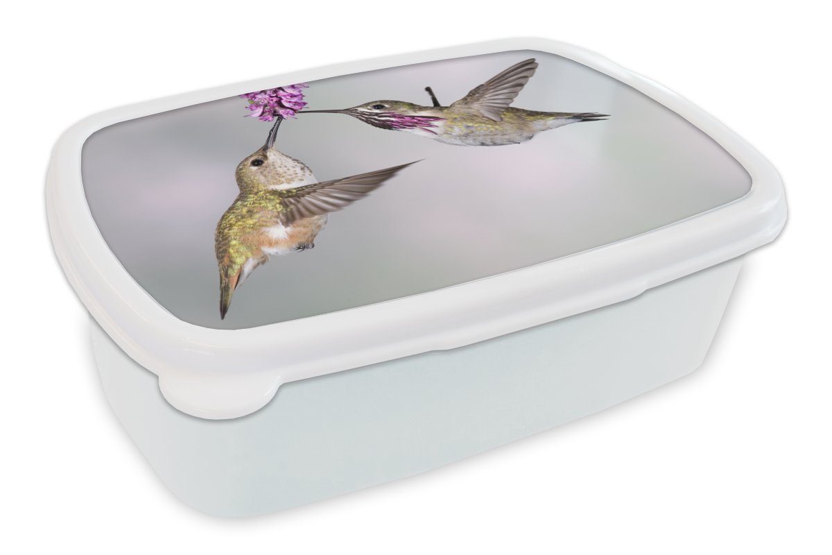 MuchoWow Lunchbox Kolibri - Blume - Rosa, Kunststoff, (2-tlg), Brotbox für Kinder und Erwachsene, Brotdose, für Jungs und Mädchen weiß