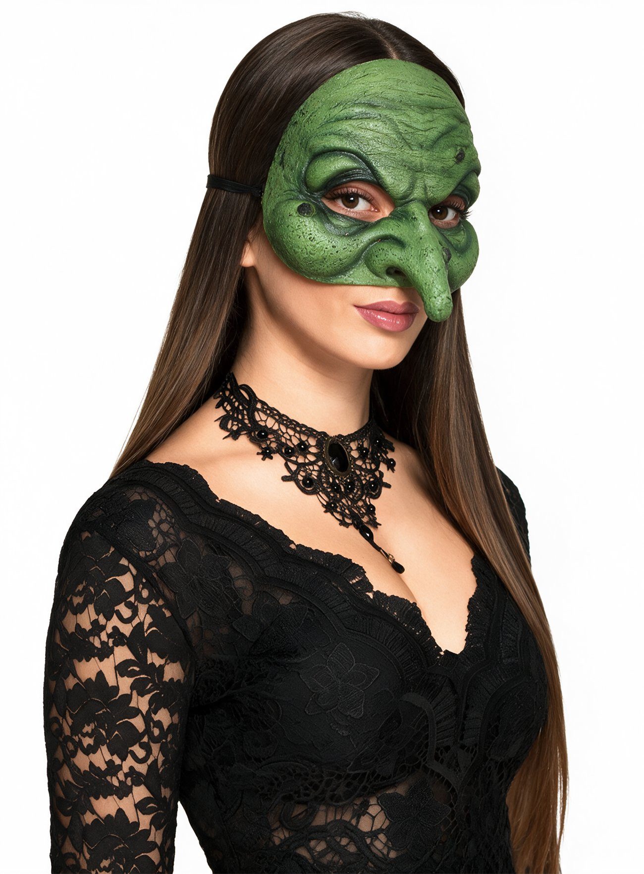 Ghoulish Productions Verkleidungsmaske Grüne Hexenmaske - Halloween Fasching Kostüm Maske