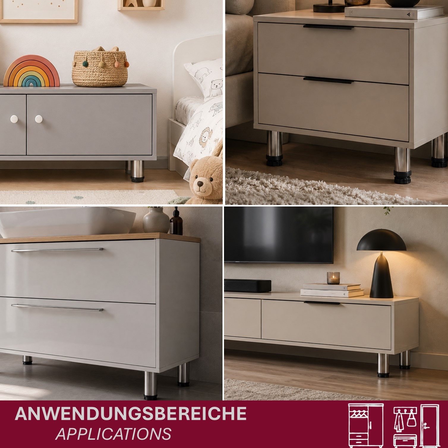 HOOZ Möbelfuß Edelstahl 80mm Standfuß rund höhenverstellbar 4er Set gebürstet, (Set, 4-St., 4er-Set Möbelbeine), Höhenverstellbar bis 15 mm mit integriertem Bod – Bild 2 von 5