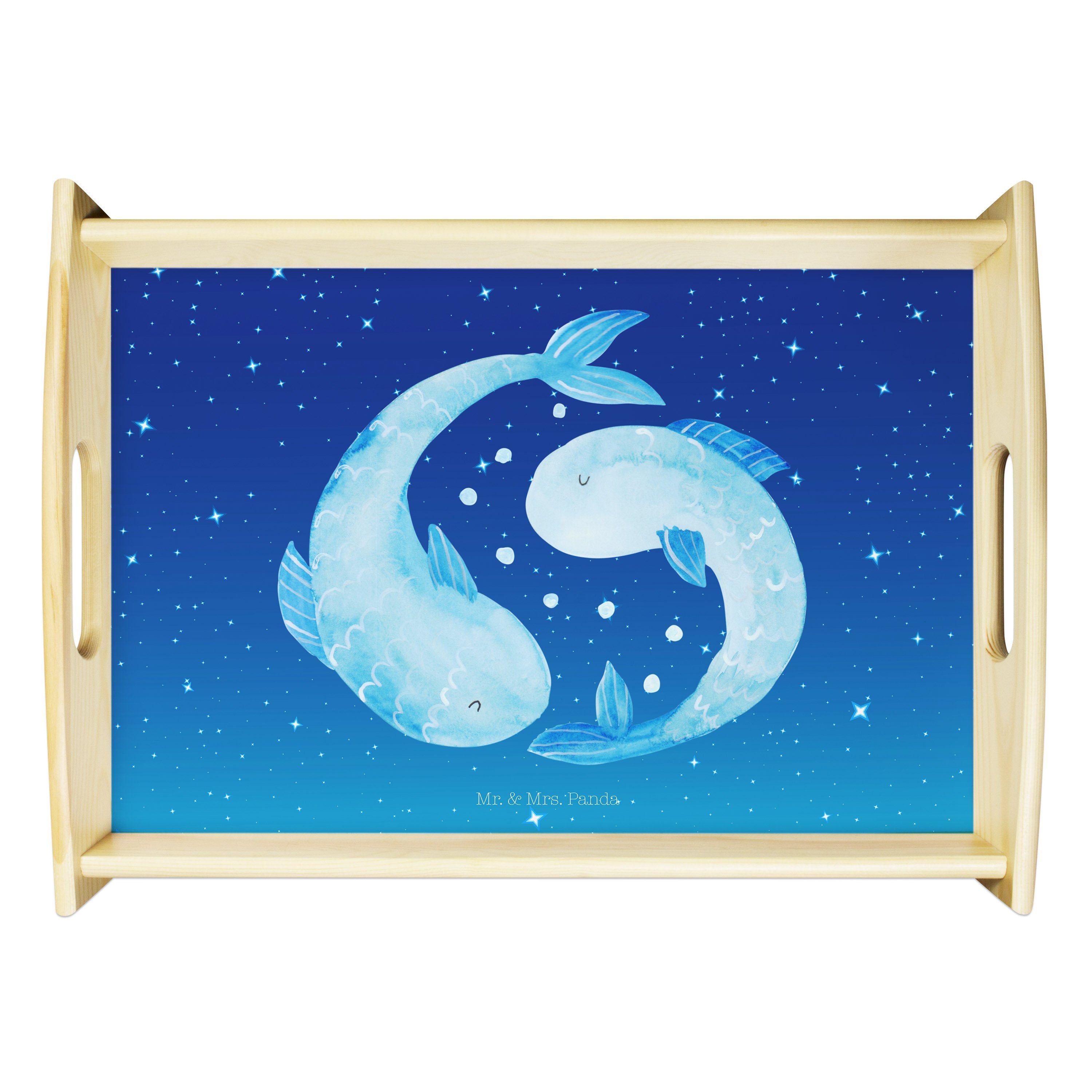 & Fische Blau Geschenk, Mrs. - Panda (1-tlg) Tablett Mr. lasiert, Echtholz Sternzeichen Sternenhimmel Fische - Geschenk,