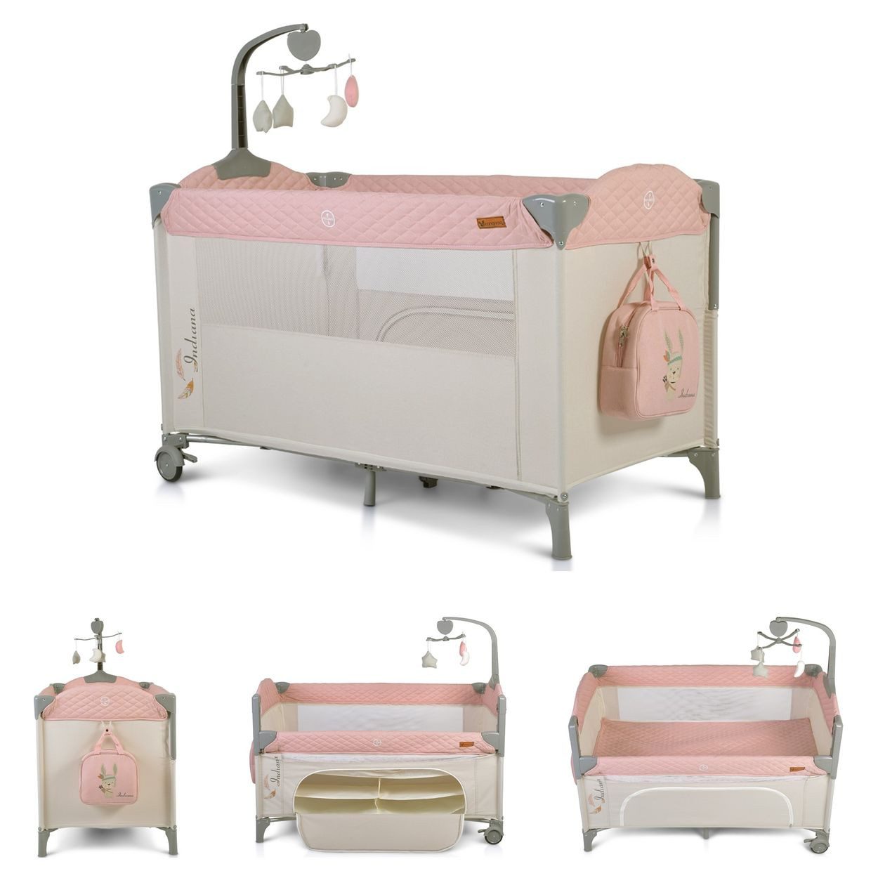 Cangaroo Baby-Reisebett Indiana, zwei Ebenen, Matratze, Wickeltasche, Räder, Polyester, Reißverschluss
