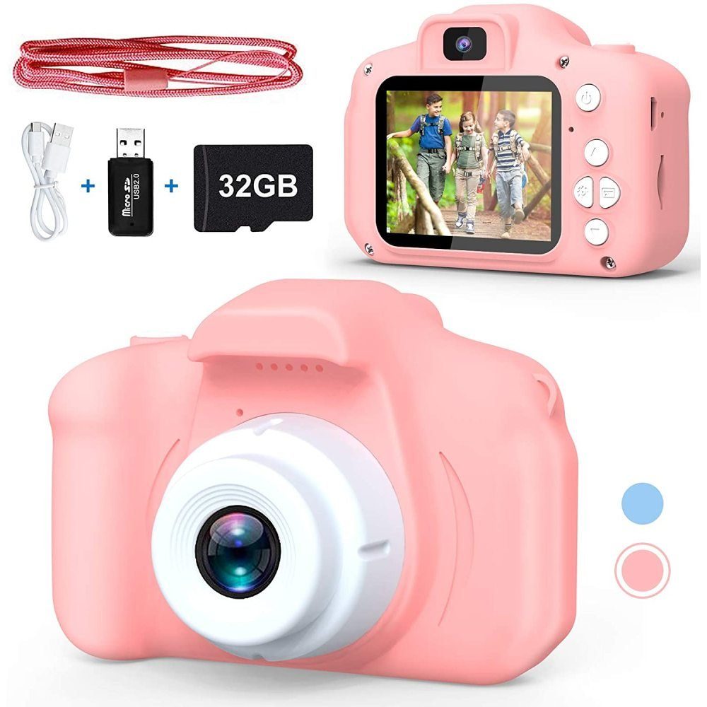 longziming Kinder Selfie-Kamera, HD Digitale Videokamera mit 32 GB  SD-Karte-Rosa Kinderkamera