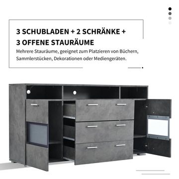 Merax Sideboard mit 3 Schubladen und 3 offenen Fächern, Kommode Industrial mit LED, Lowboard mit Metallgriff, B:140cm