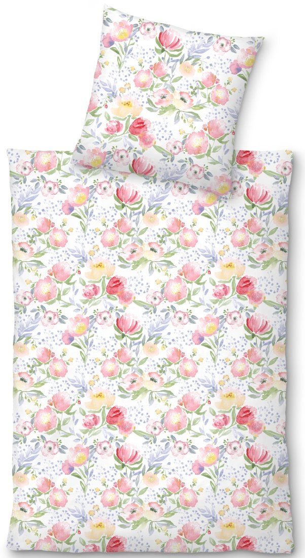 LIVING DREAMS Bettwäsche AQUARELL FLOWERS reine Baumwolle Satin made in Europe, Satin, 2 teilig, angenehmes Hautgefühl natürlich zartes Blumenmuster Anemonen