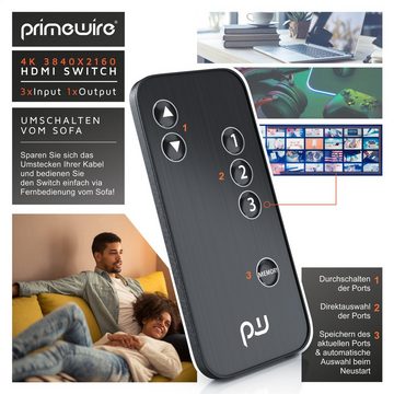 Primewire Audio / Video Matrix-Switch, HDMI 2.0b Verteiler 4k 60Hz UHD, 3 Port, Fernbedienung, Netzteil