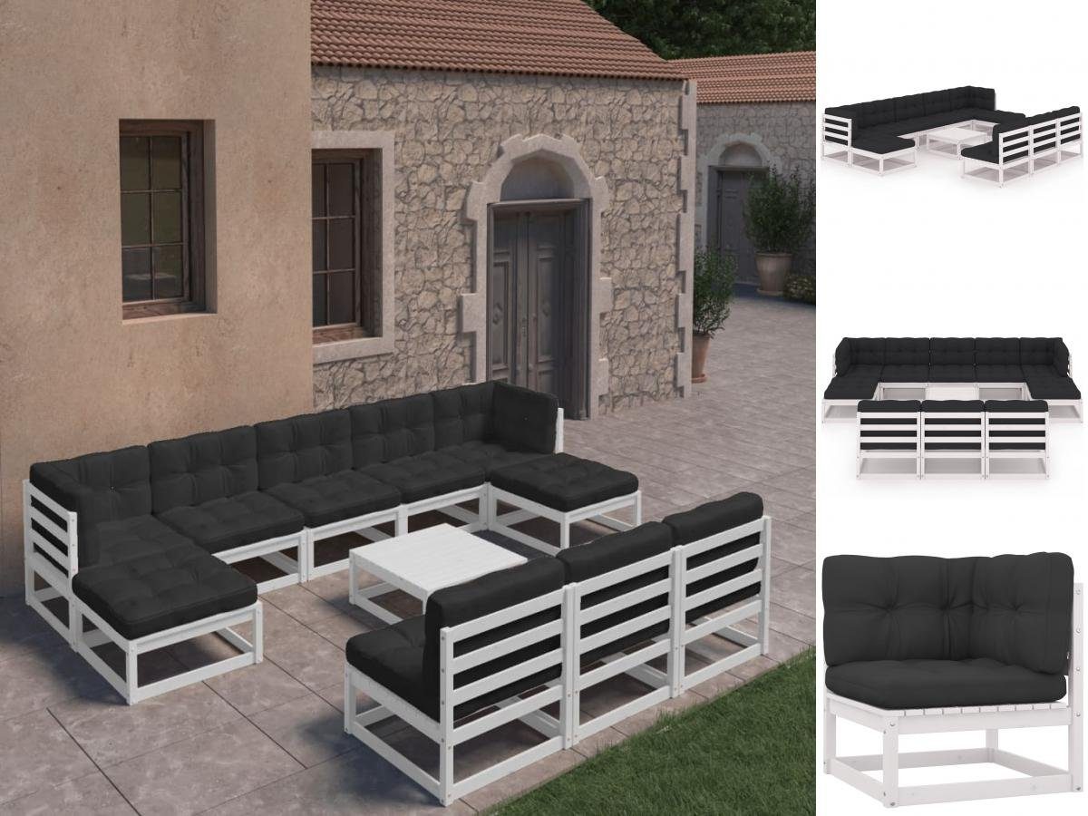 vidaXL Kissen 11-tlg Kiefer Holz Massivholz Weiß Garten-Essgruppe Sitzgr mit Garten Lounge Set