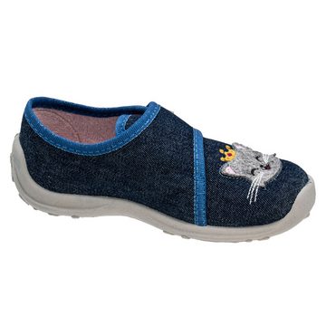 Fischer-Markenschuh Boogy Hausschuh aus Jeansstoff, mit Katze bestickt, gepolstertes Fußbett