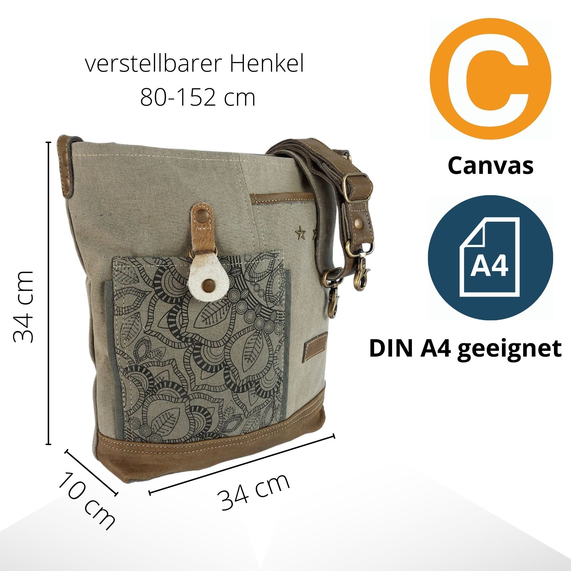 Umhängetasche Bag. Canvas Crossbody Mandala Umhängetasche Tasche. Canvas 52501, Vintage mit Aufdruck. Sunsa und Khaki Aus Leder recycelten