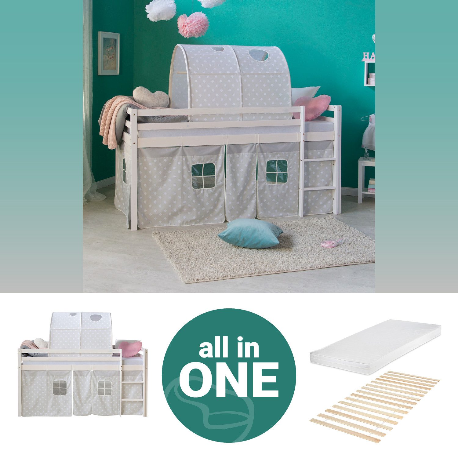 Homestyle4u Hochbett 90x200 Weiß mit Vorhang günstig online kaufen